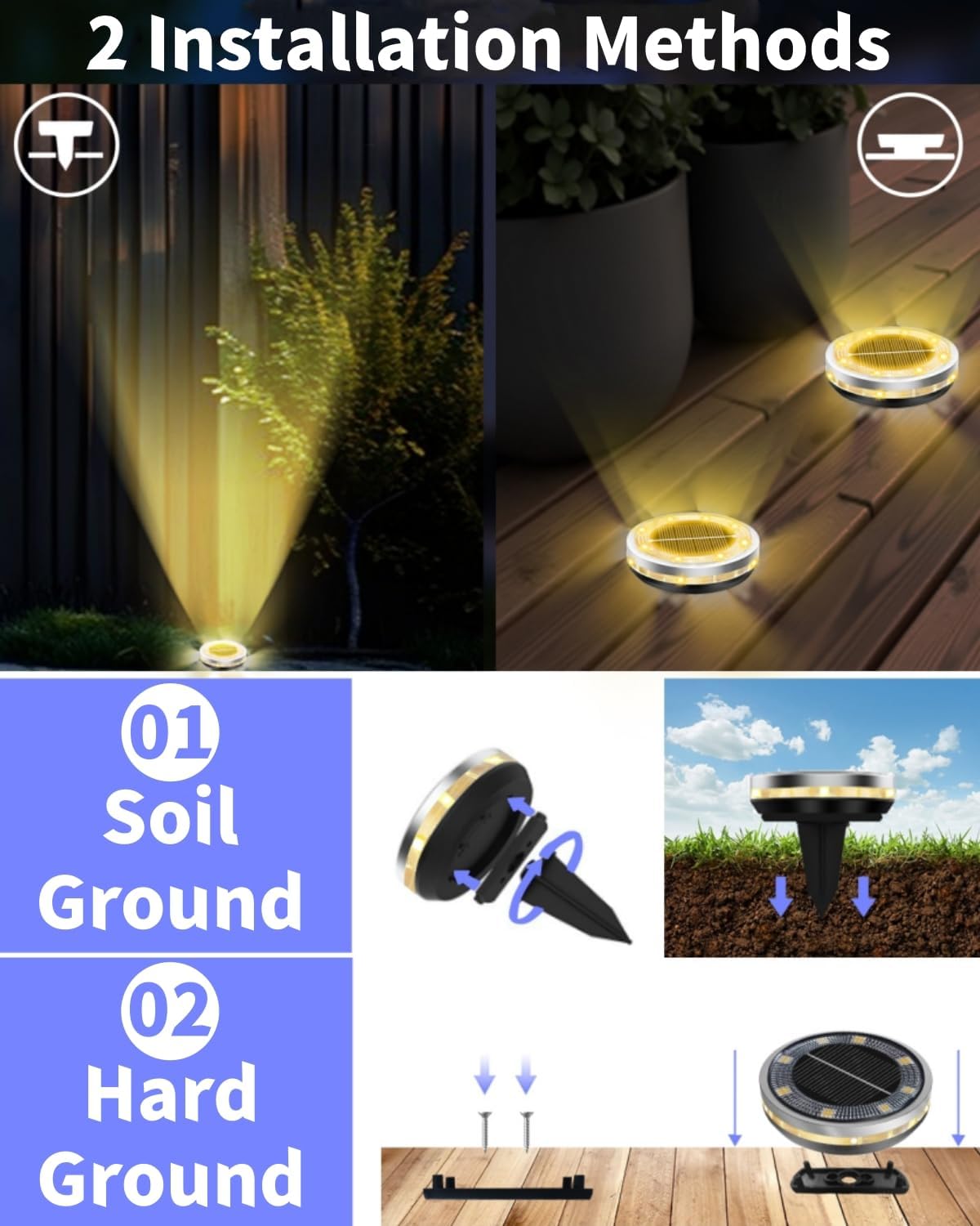 Solar Ground Lights Outdoor 2 Pack Waterproof, Upgraded Solar Garden Lights with 4 Side Light, Stainless Steel Solar Powered Disc Landscape Light for Walkway Pathway Lawn Yard Patio Deck-Warm White