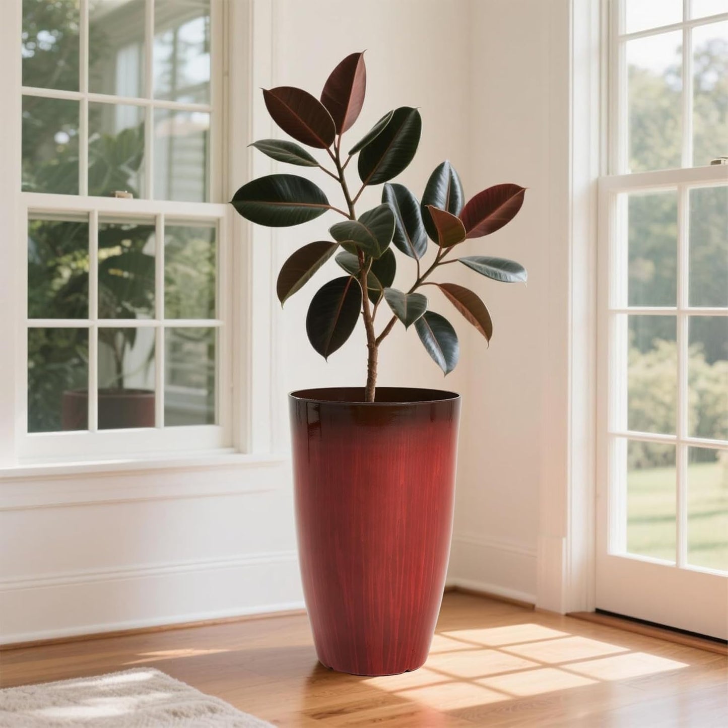 Worth Garden 20" H. Plastic Planters - Set of 2 Gradient Red Glossy Smooth Finish - Tall Plant Pots Drain Hole for Indoor Outdoor Use - Decorative Lightweight Flower Pots for Front Porch, Patio, Deck