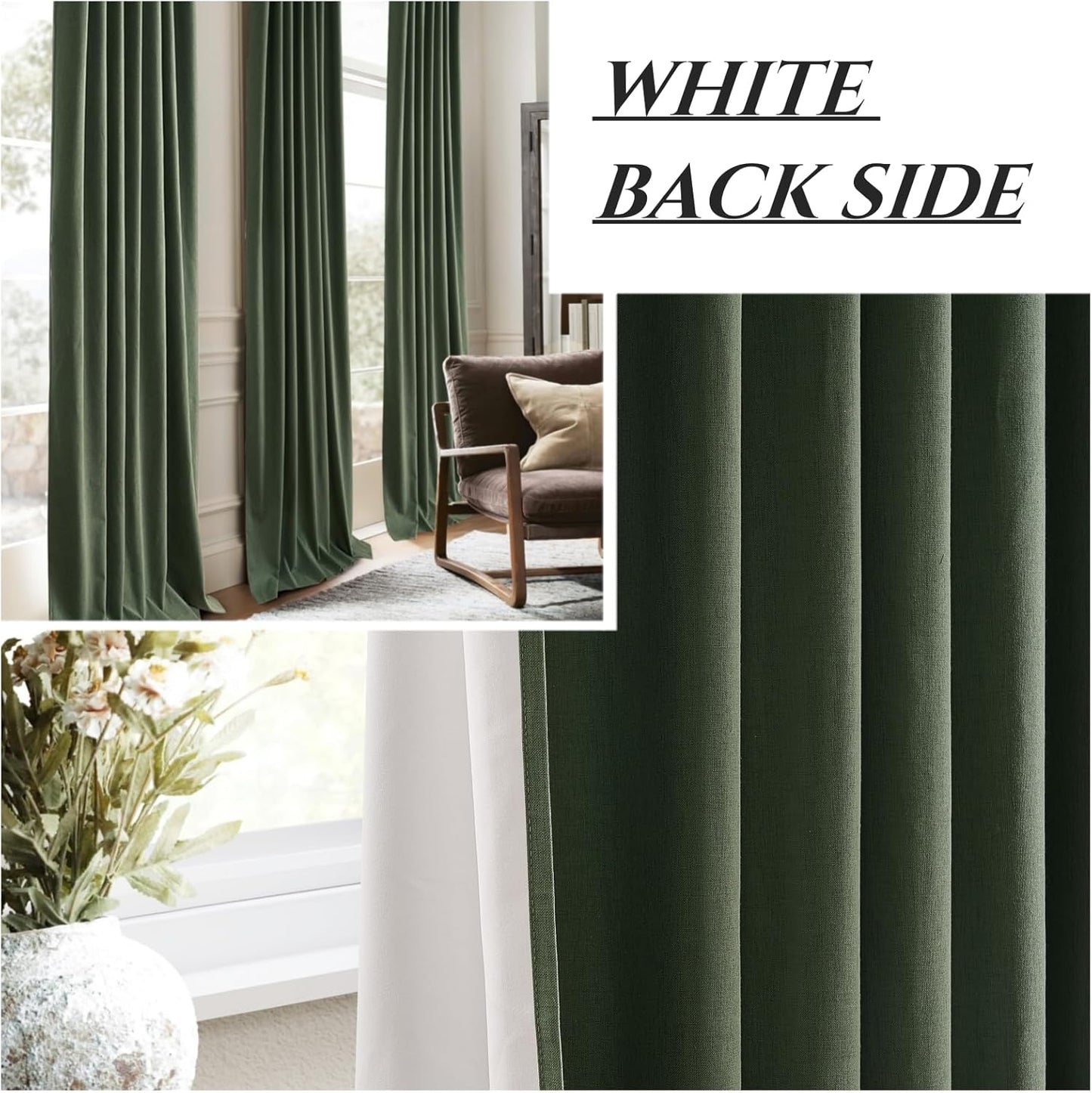 Lush Decor 120 Inch/10ft Long Insulated Back Tab Pinch Pleated Curtains, Linen Olive Green Linen Blackout Window Drapes 2 Panels, Room Darkening Extra Long Tall Curtains for Living Room