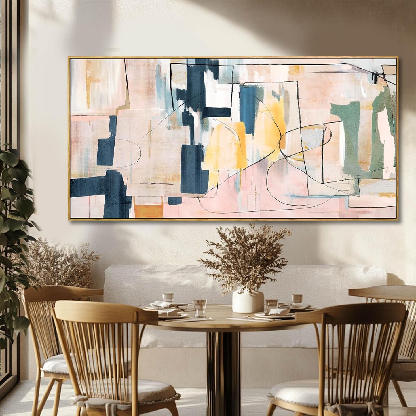 Pink Wall Art Abstract Wall Decorations Navy Blue Artwork Wall Pictures for Living Room Framed Wall Decor 24"x48"