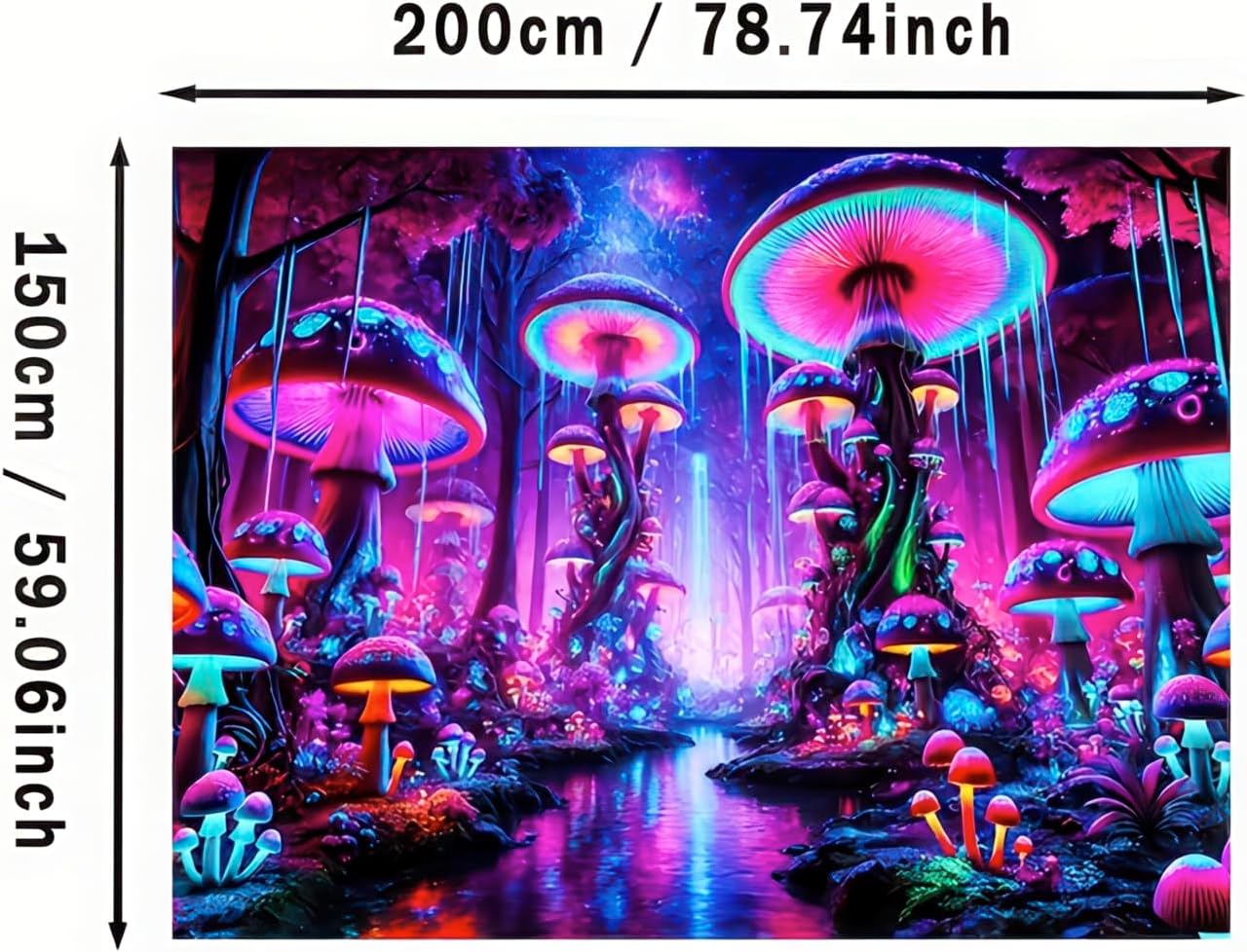 BlissYard Blacklight Tapestry UV Reactive Mushroom Tapestries Fantasy Mountain Forest Landscape Tapestry Mysterious Jungle Moon Night Neon Flower Wall Hanging Glow in the Dark Backdrop 59" x 80"