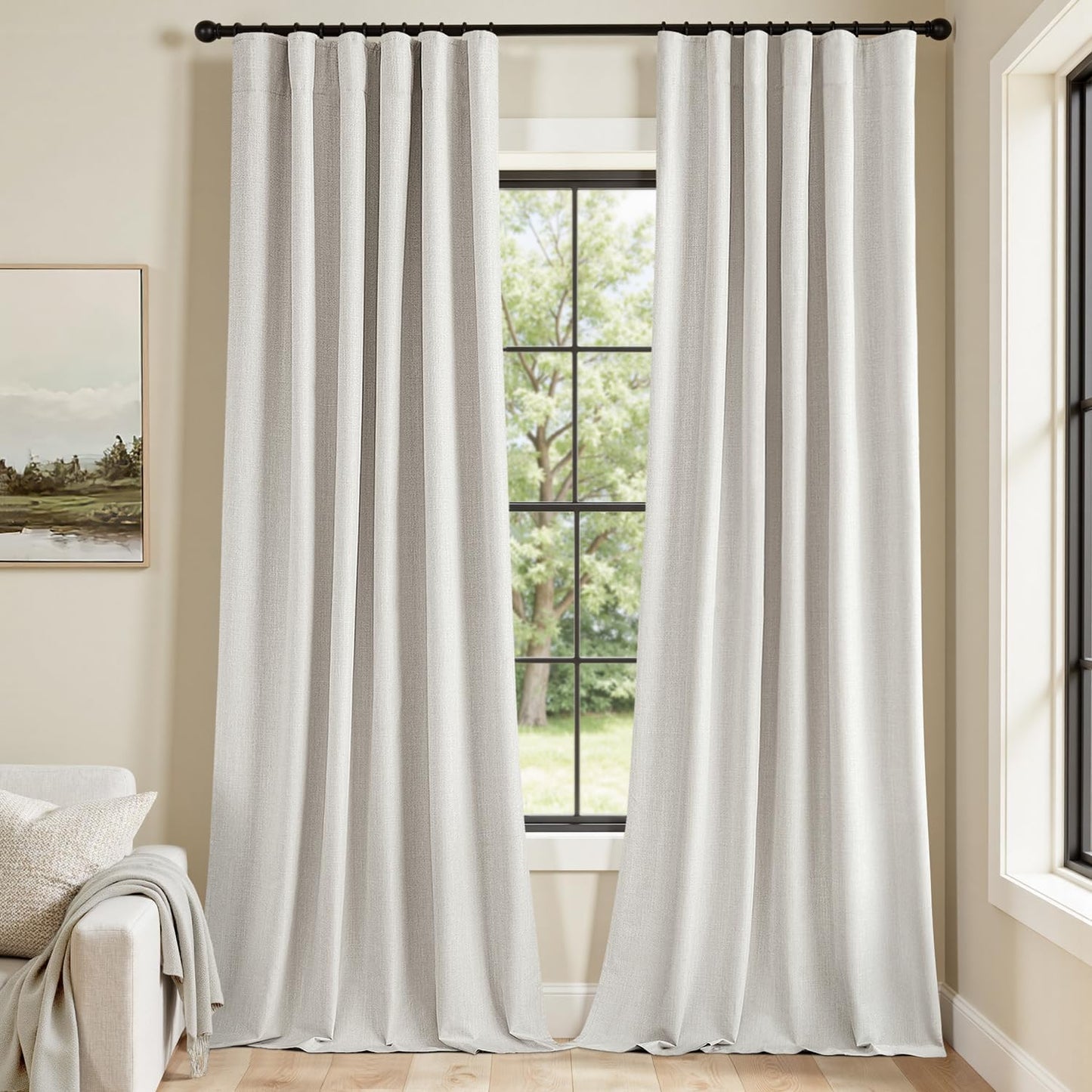 MIULEE 100% Blackout Curtains 102 Inch Long 2 Panels Set for Bedroom, Thick Faux Linen Black Out Curtain Room Darkening Back Tab Pleat Window Textured Drapes with Hooks for Living Room, Light Beige