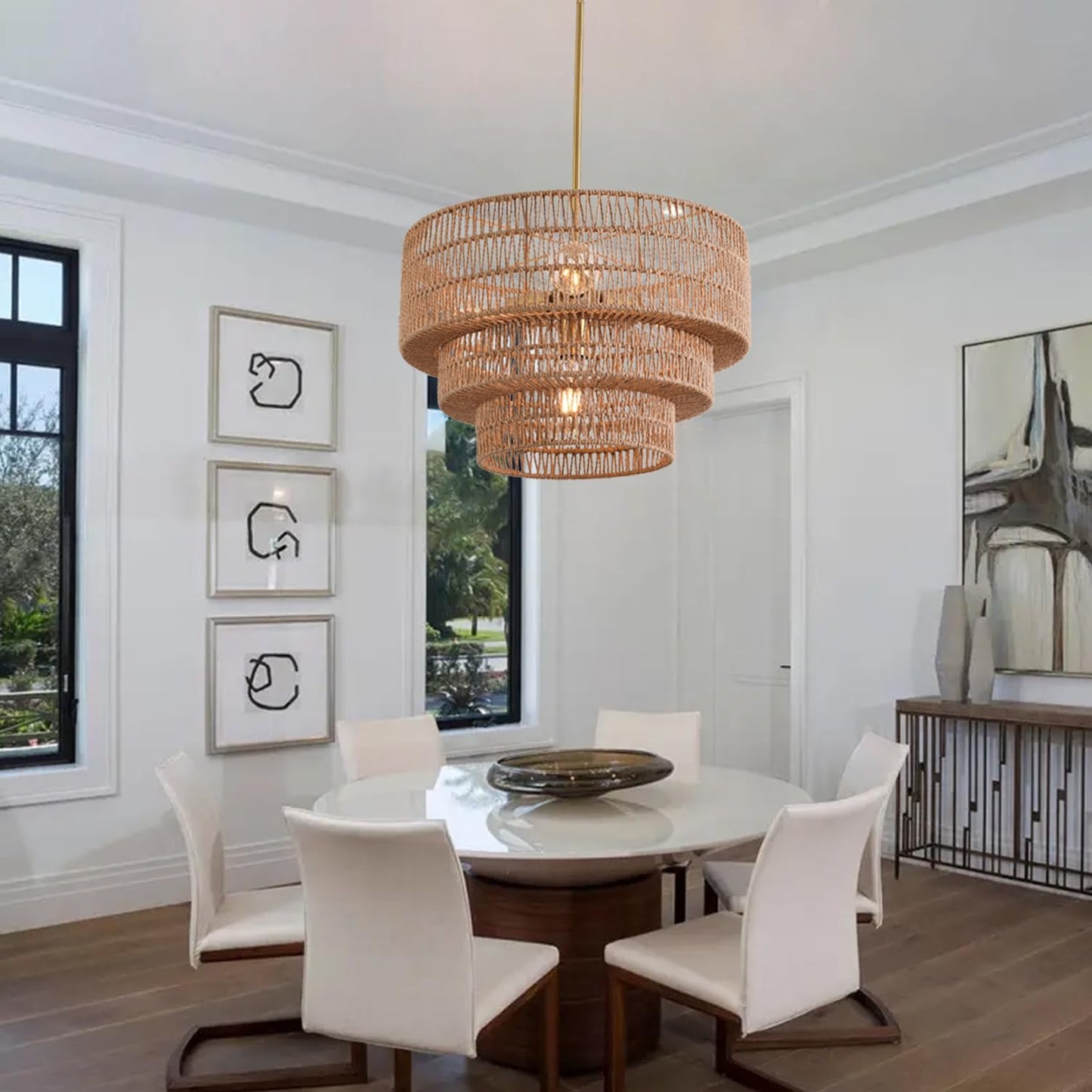 4-Light Boho Rattan Chandelier Light Fixture 17.7" 3-Tier Farmhouse Boho Chandelier Hand Woven Rattan Pendant Light Rustic