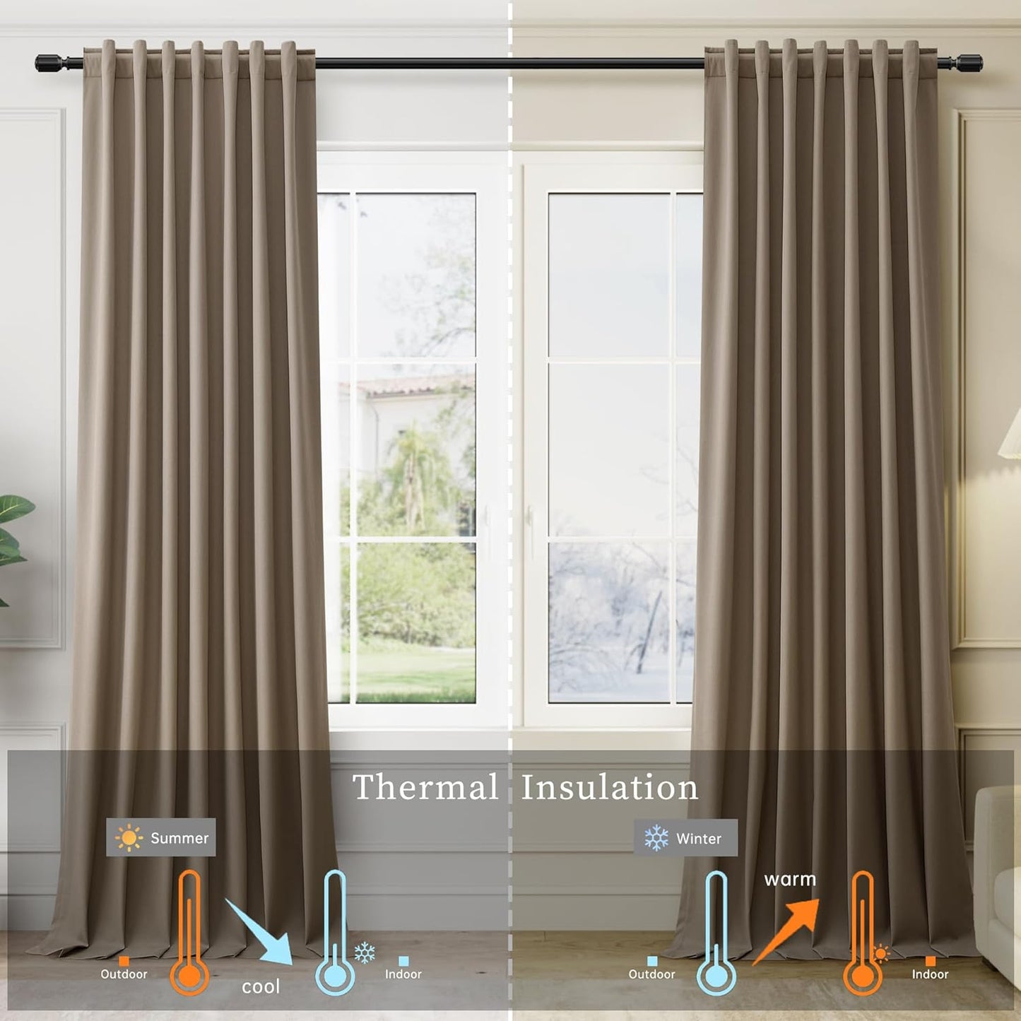 BOODII 63 Inch Blackout Curtains Linen Black Out Curtains for Bedroom 2 Panels Set Neutral Room Darkening Curtain Dark Brown Thermal Insulated Curtain for Nursery Window Drapes Back Tab 52x63