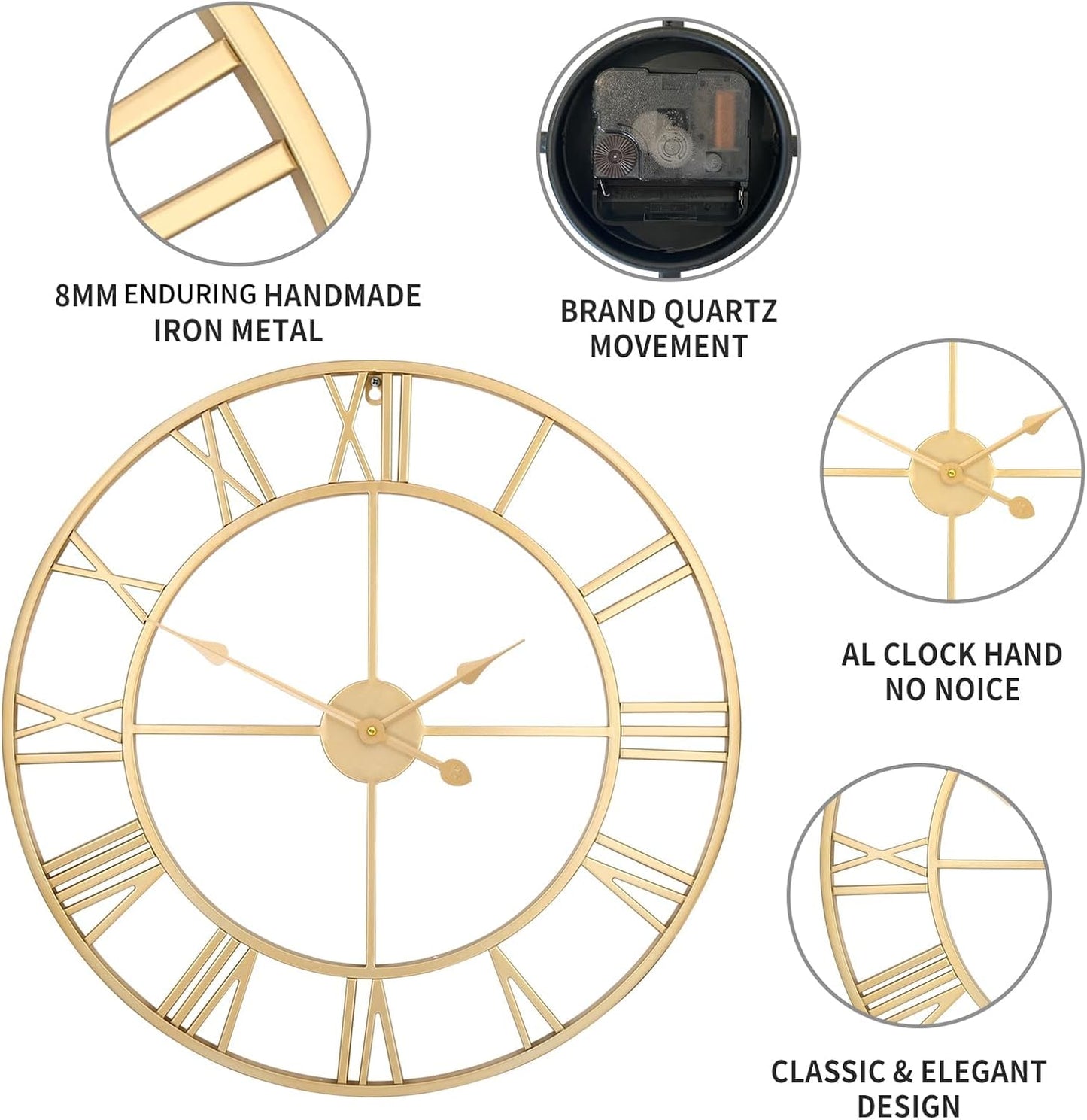 1st owned Large Wall Clock Silent Non-Ticking Roman Numerals Vintage Battery Operated (24 inch,18inch,16inch) Farmhouse Wall Clock for Living Room, Bedroom, Kitchen, Cafe Decor-Gold 40CM