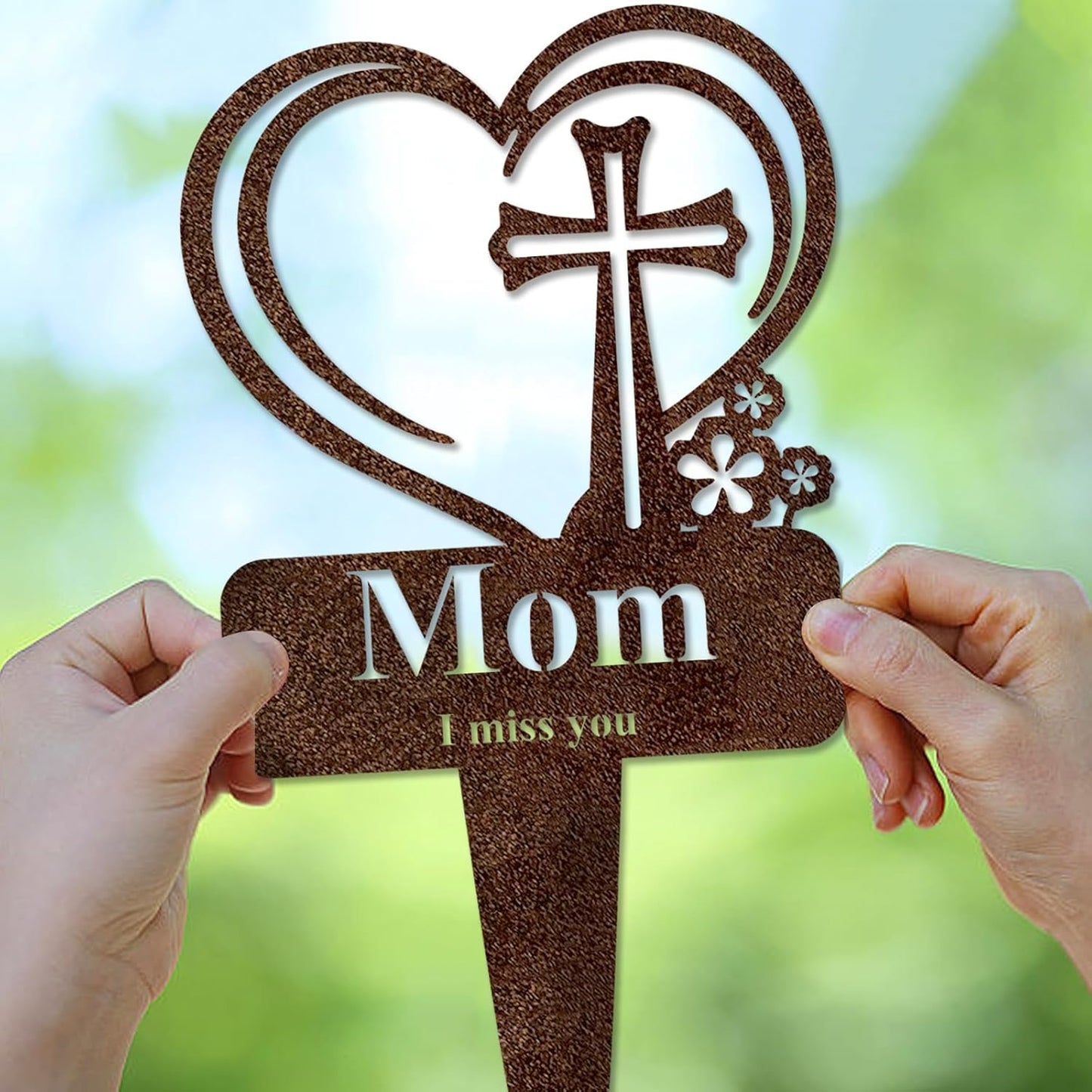 Mom Memorial Grave Stake, Cemetery Decorations for Grave Markers 12.5 x 7.2 inch Heart Metal Sympathy Stakes Graveside Plaque Decor Sign for Mother Graves, Yard, Garden - Rust-Mom