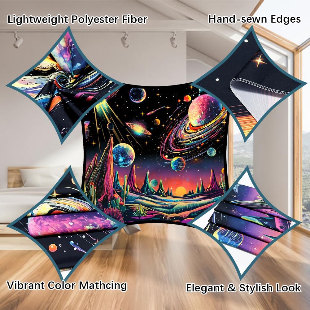 Tushelia Blacklight Galaxy Space Tapestry Neon Planet UFO Tapestries UV Reactive Cactus Mountain Wall Decor Black Light Starry Night Sky Tapestry Wall Hanging for Bedroom