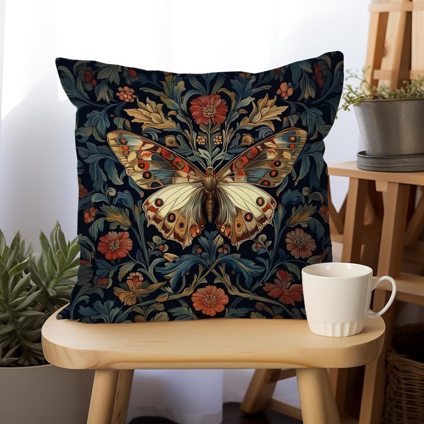 William Morris Abstract Vintage Floral Velvet Butterfly Design Throw Pillow Covers Home Decor, Retro Art Deco Pillowcase Cushion Cover for Bed Sofa Living Room, Square 18x18inch (Blue-Butterfly)