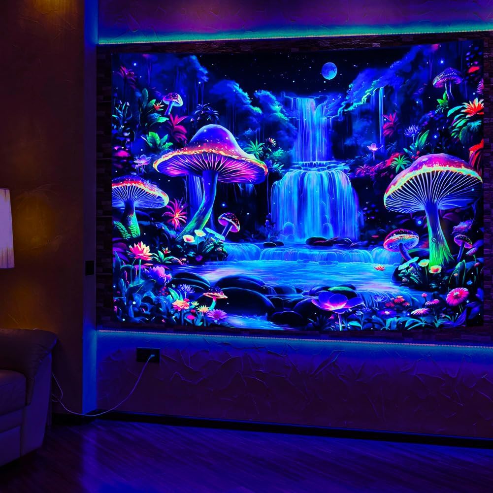 Dermijer Blacklight Tapestry Fantasy Mushroom Forest Tapestries UV Reactive Waterfall Tapestry Moon Night Neon Flower Landscape Wall Hanging for Home Decor L78.7×W59.1