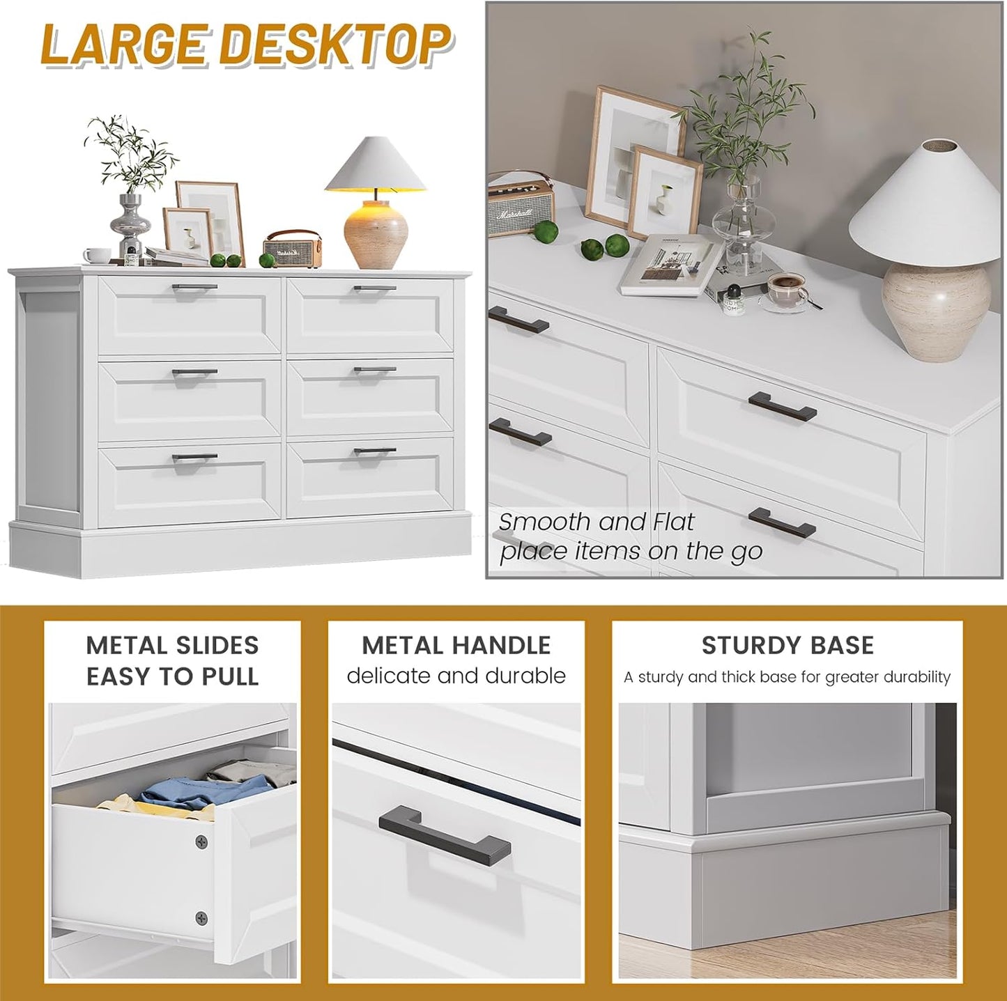 White Dresser for Bedroom with 6 Drawer, Bedroom Furniture Organizer Storage, Wood Double Dresser & Chest of Drawers, Modern Farmhouse Style, Dressers for Closet, Living Room 30” Tall
