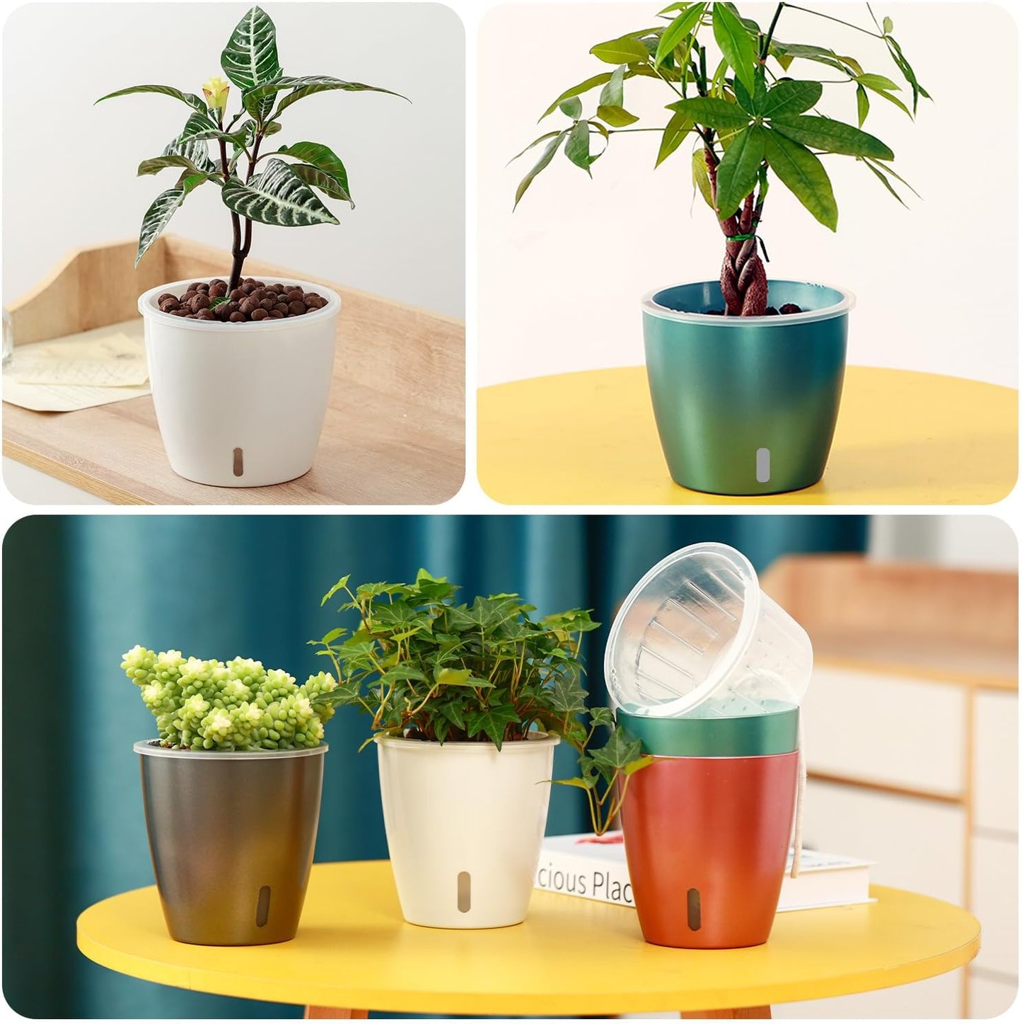 Self Watering Pots for Indoor Plants, 6-Pack 5'' Self Watering Planter with Drainage Holes, Small African Violet Pots with Water Indicator, Clear Wick Orchid Pot, White