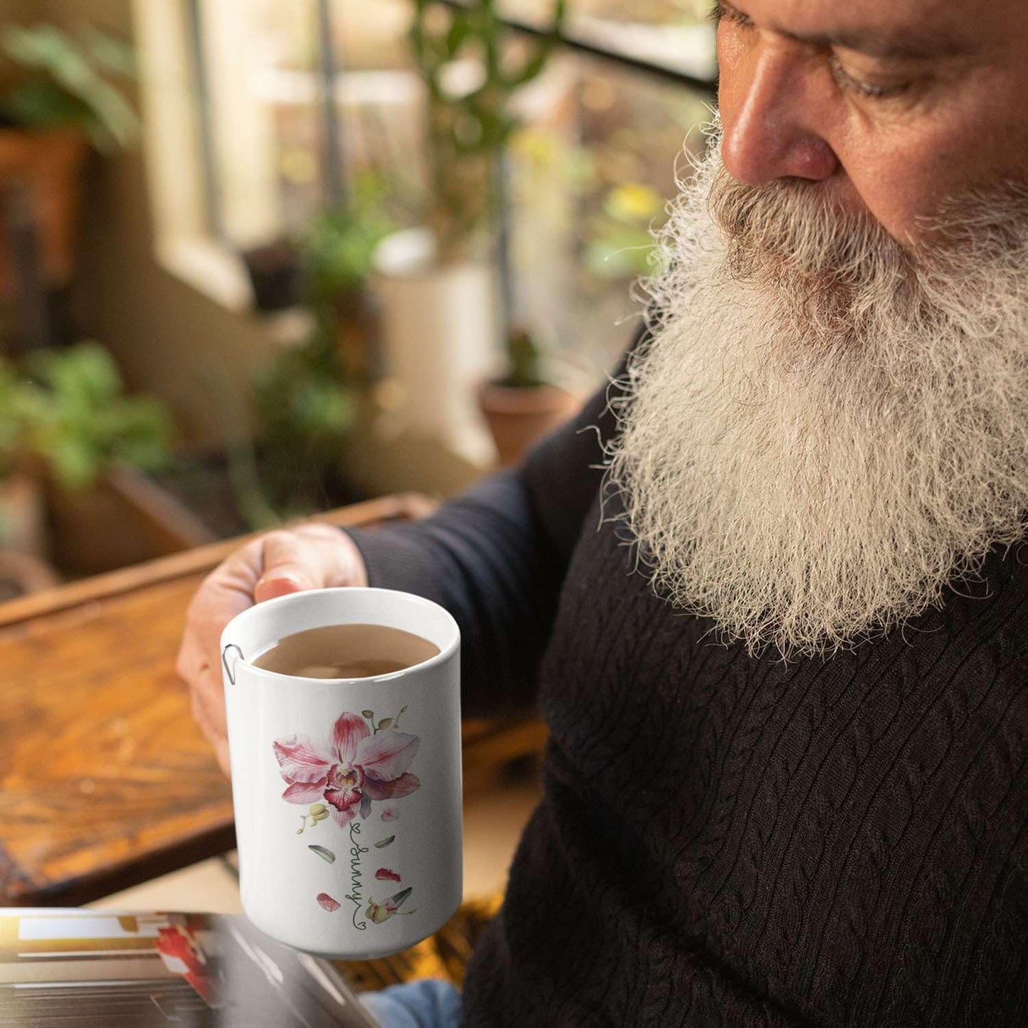 Novelty Coffee Cup With Orchid Design, Personalized Name Flower Accent Mug, Custom Orchid Flower Ceramic Cup 11oz 15oz, Customized Flower Lover Mug, Gift For Family Member