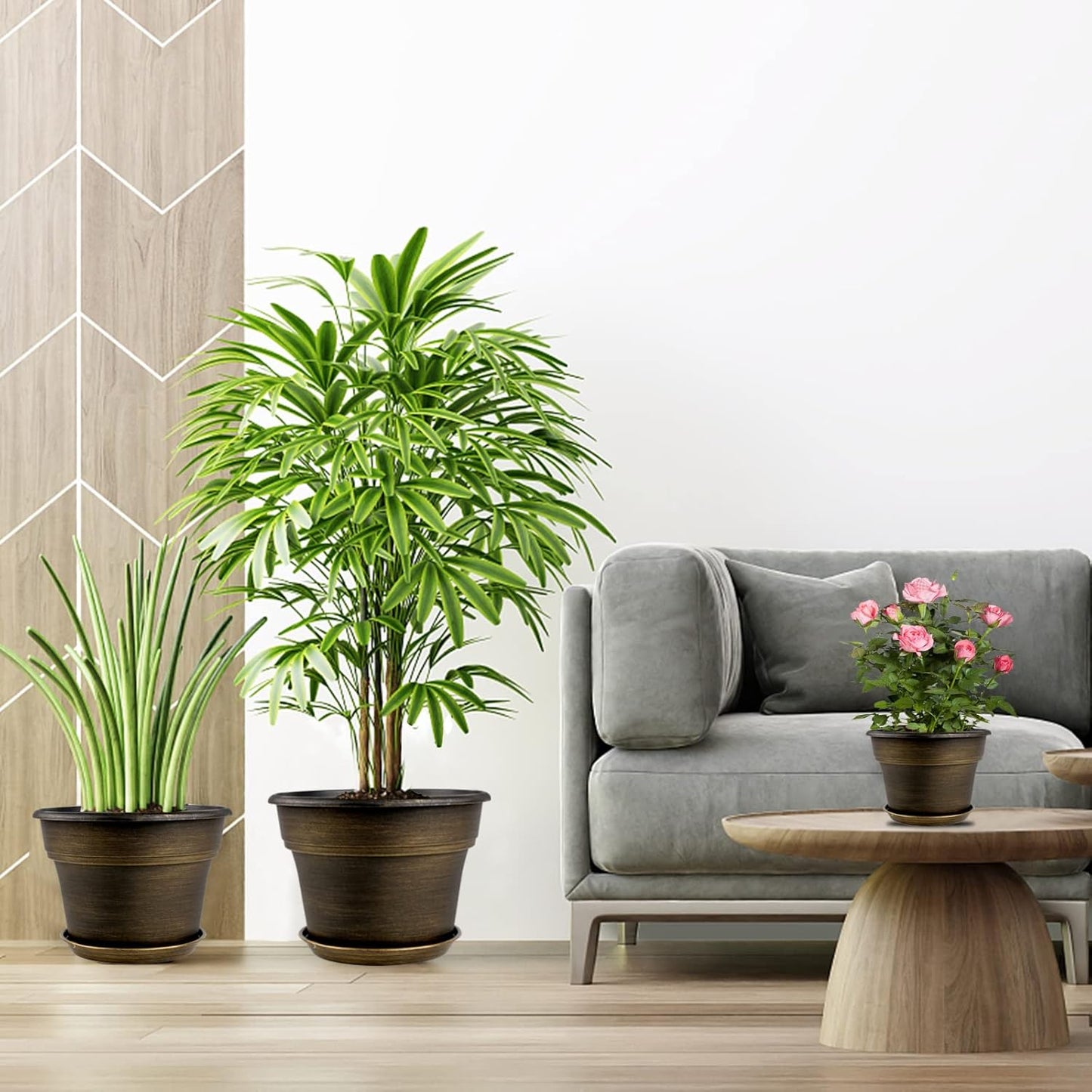 Plant Planters Pots Set of 4 Pack 13 Inch,Large Plastic Flower Pot for Indoor Plants with Drainage Holes & Trays, Resin Decorative Container Sets with Saucer for House Outdoor Garden Plant Dark Gold