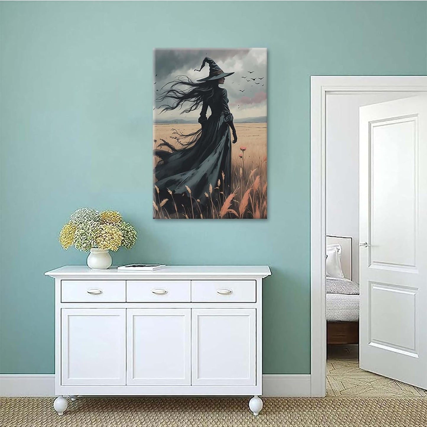 JFHCQJPK Gothic Decor Canvas Wall Art Witch in Rice Field Halloween Art Decor Print Nature Print Victorian Home Bedroom16x24in Frameless