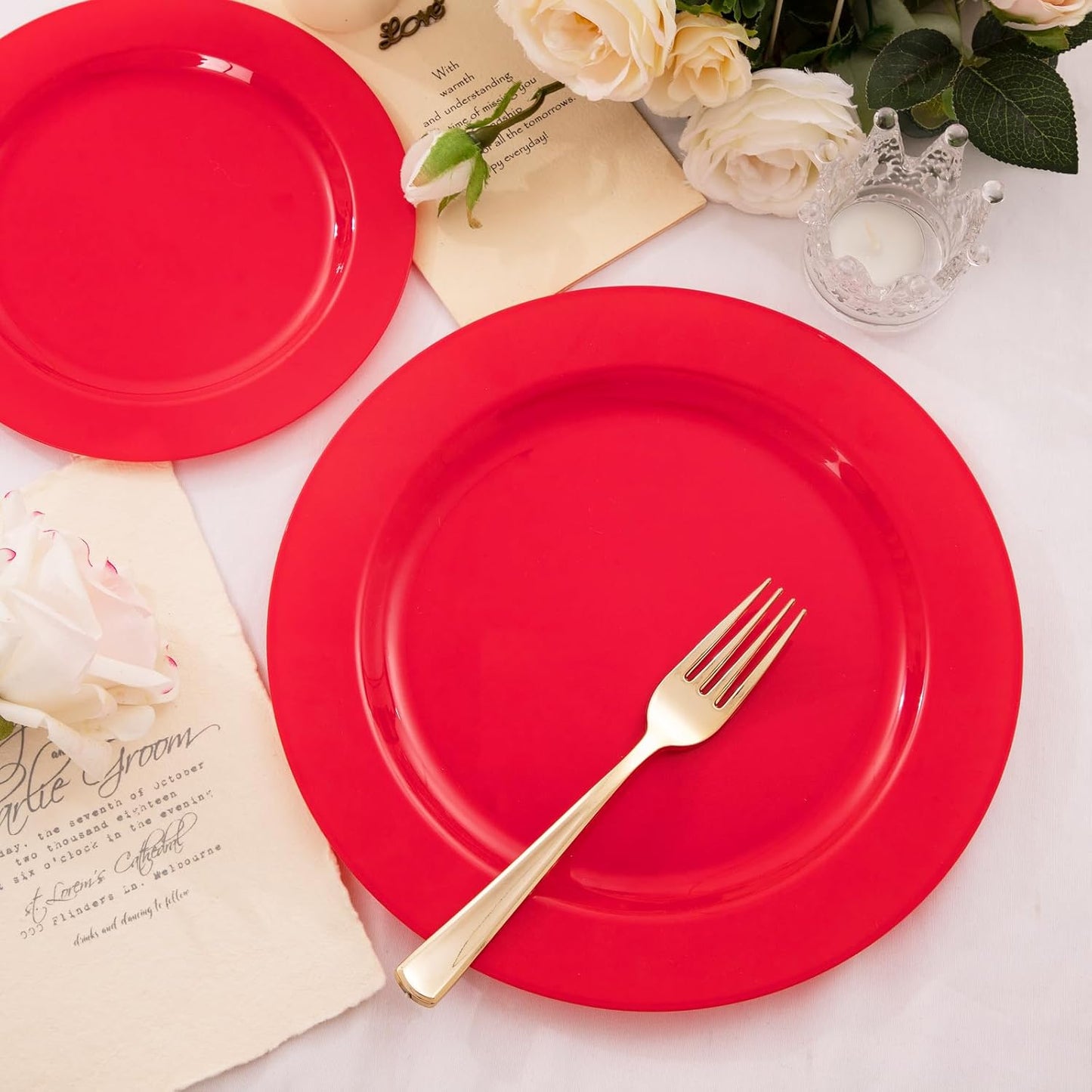 FLOWERCAT 60PCS Red Plastic Plates - Heavy Duty Red Plates Disposable for Party - Include 30PCS 10.25inch and 30PCS 7.5inch for 30 guests Party & Christmas & New Year