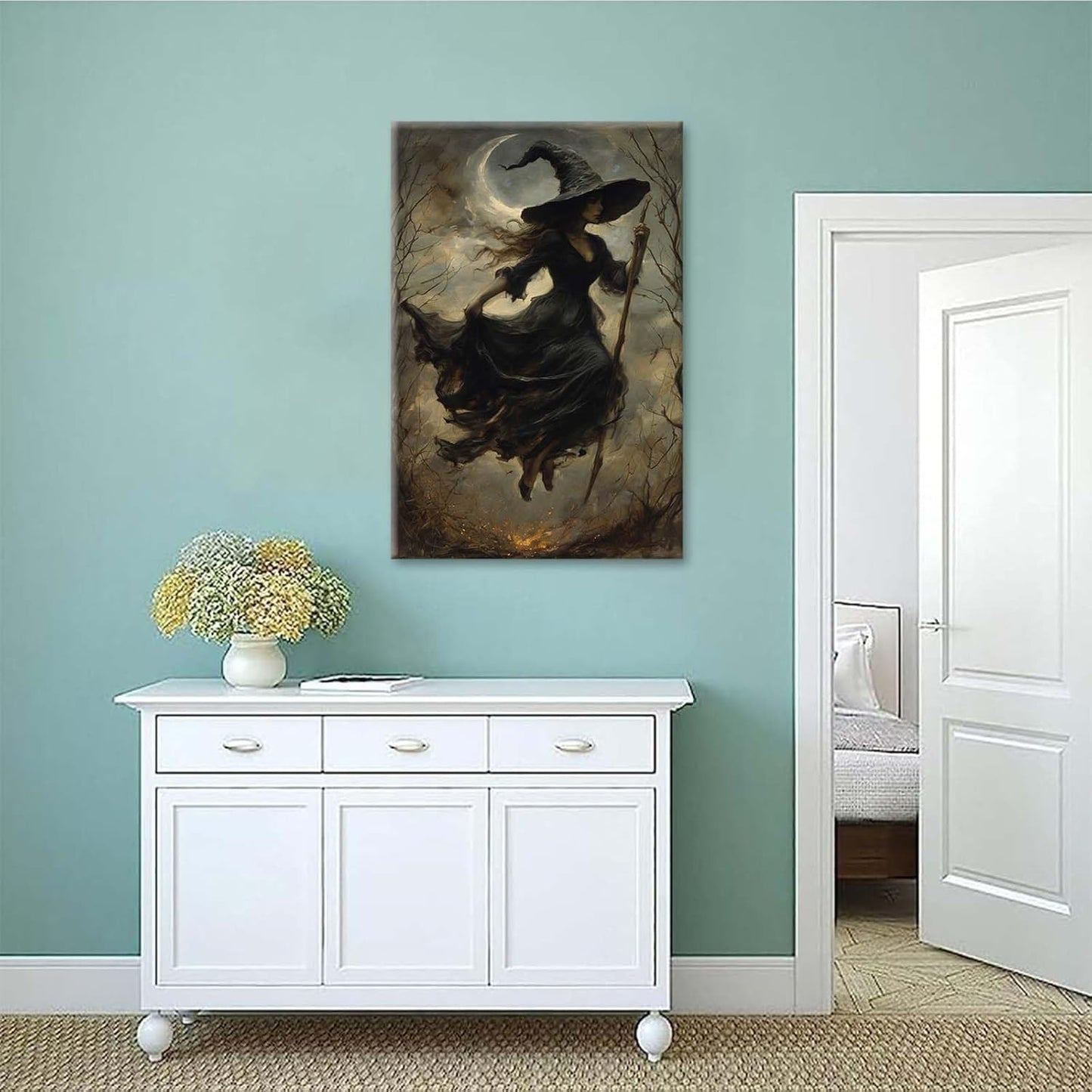 JFHCQJPK Witch in the Forest Halloween Print Wall Art Poster Witch Decor Vintage Print Dark College Wall Art Victorian Gothic Room Decor Canvas Wall Print16x24in Frameless