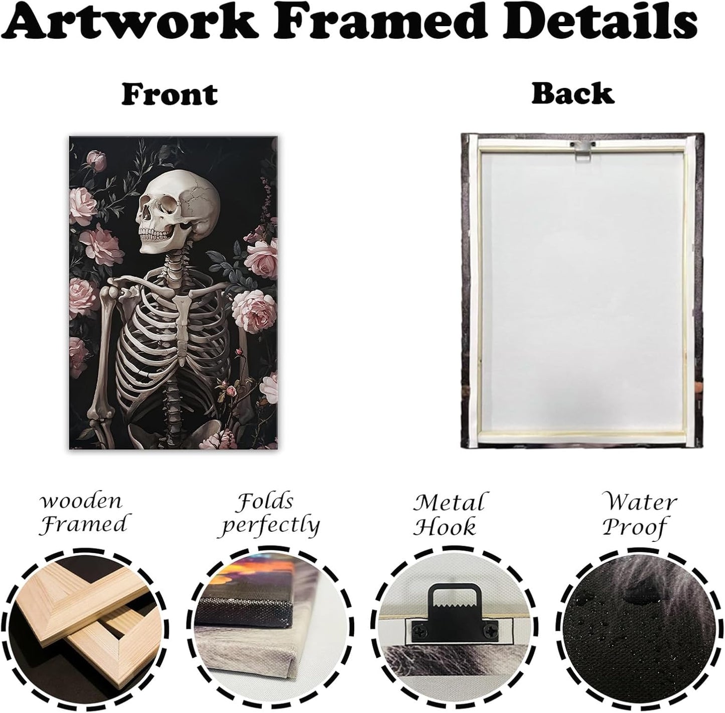 OAAPITI Skull Floral Wall Art Vintage Skeleton Portrait Canvas Print Dark Gothic Skull Art for Living Room Bedroom Home Wall Decor Ready to Hang(Artwork-10,12"x18")