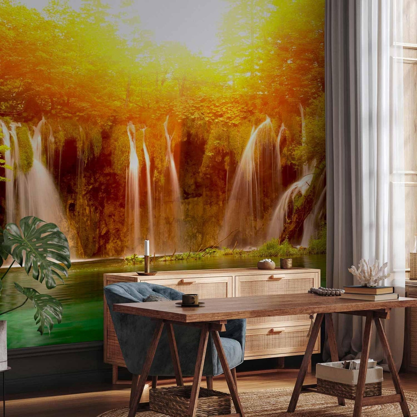 artgeist Wall Mural Peel and Stick Waterfall 212x98 in - XXL Self-Adhesive Corner Wallpaper Removable Large Sticker Foil Angle Wallpaper Wall Decor Print Nature Lake Sun Forest Landscape c-B-0475-a-a