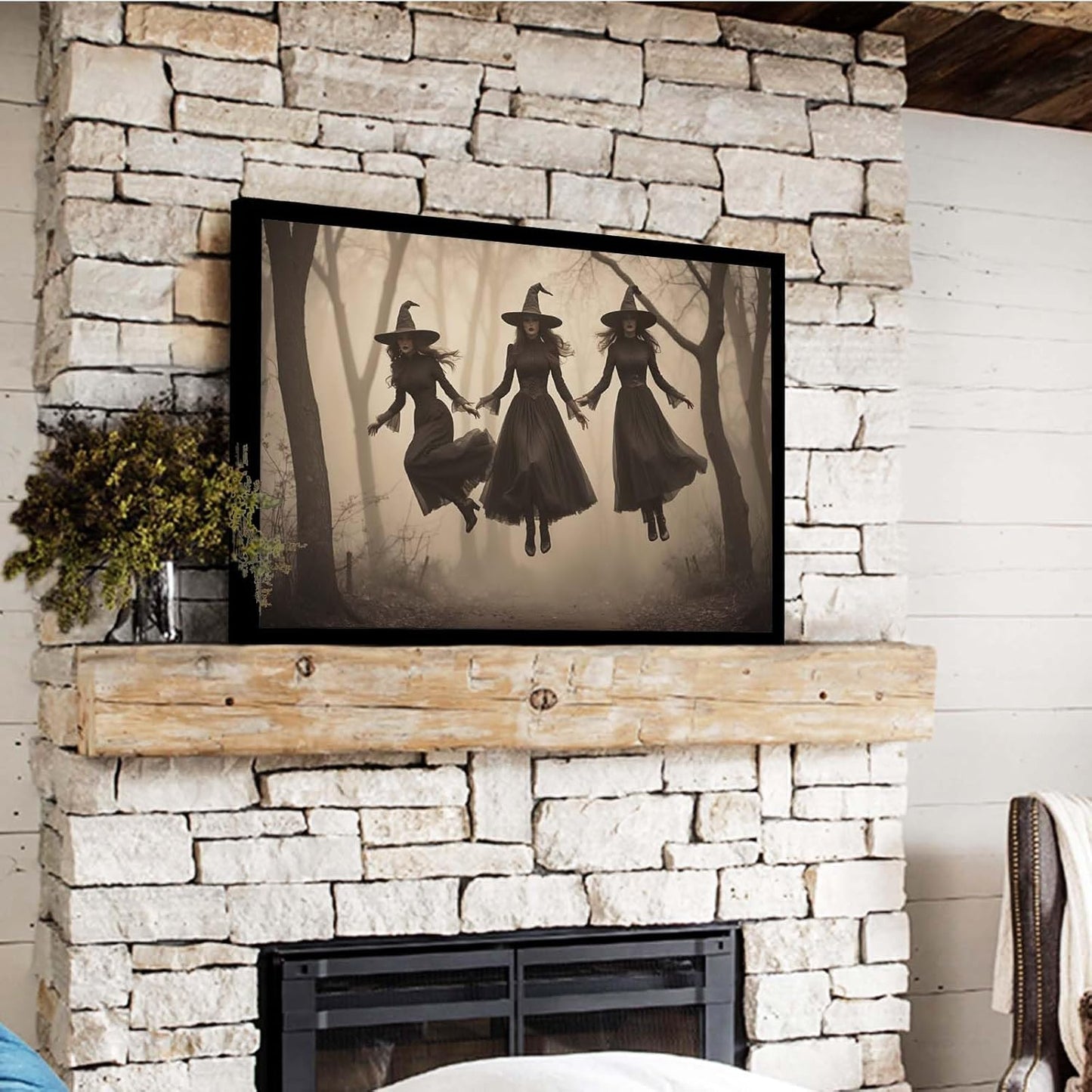 JFHCQJPK Three ghost witches flying in vintage forest gothic wall art witchcraft decoration holiday gift canvas wall art print16x24in Metal blackFramed