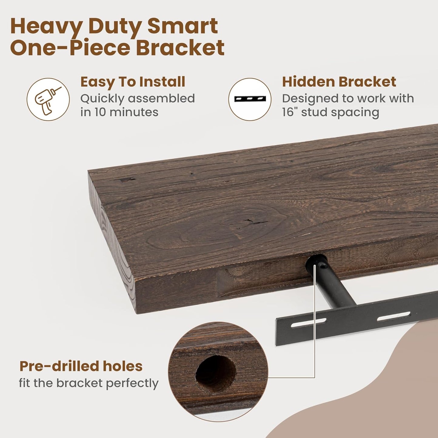 Floating Shelves for Wall Decor, 8 Inch Deep Rustic Solid Elm Wood Floating Shelves Wall Mounted, Wall Shelves with Invisible Bracket for Living Room Bathroom Bedroom Kitchen, 55 Inch Set of 1, Walnut