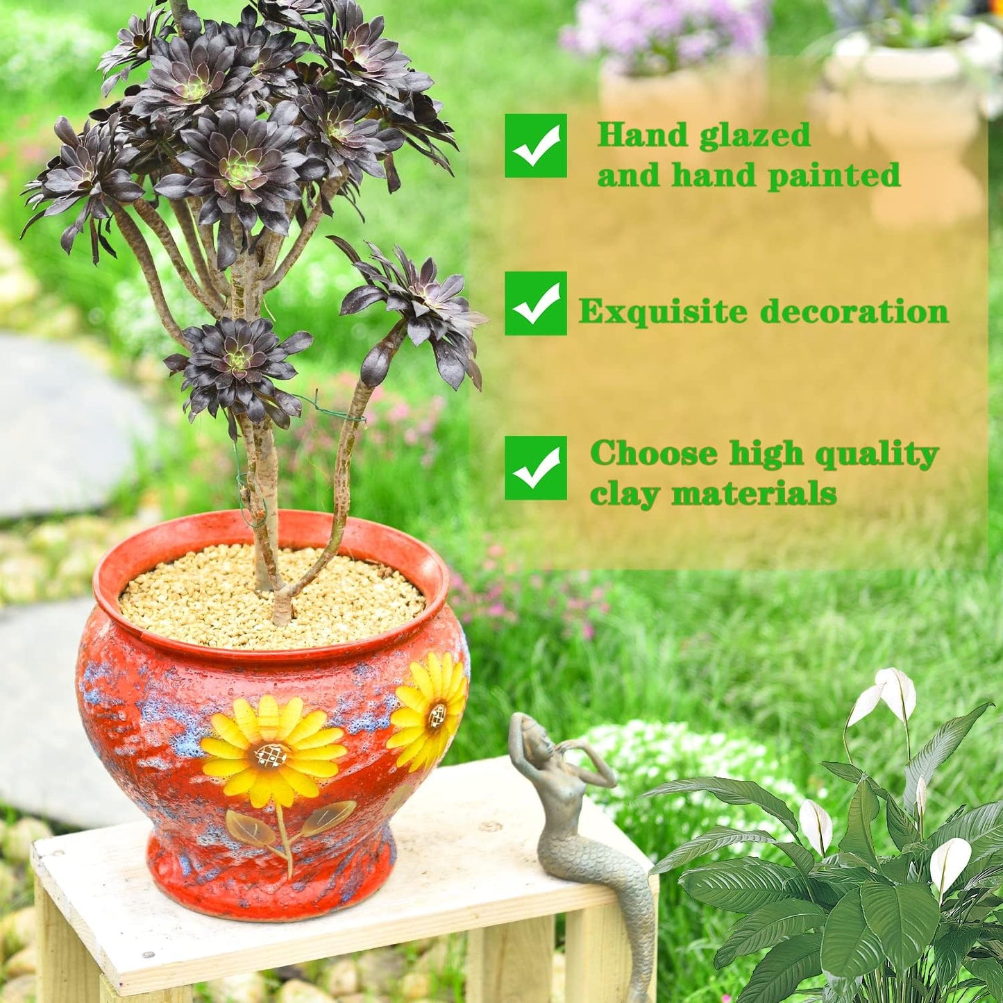 Sungmor Ceramic Hand Painted Succulent Flower Pots, 9 Inch Large Pottery Pots for Indoor Outdoor Plants, Decorative Ceramic Vase for Flower Arrangement Home Decor, Vintage Centerpieces Flowerpot