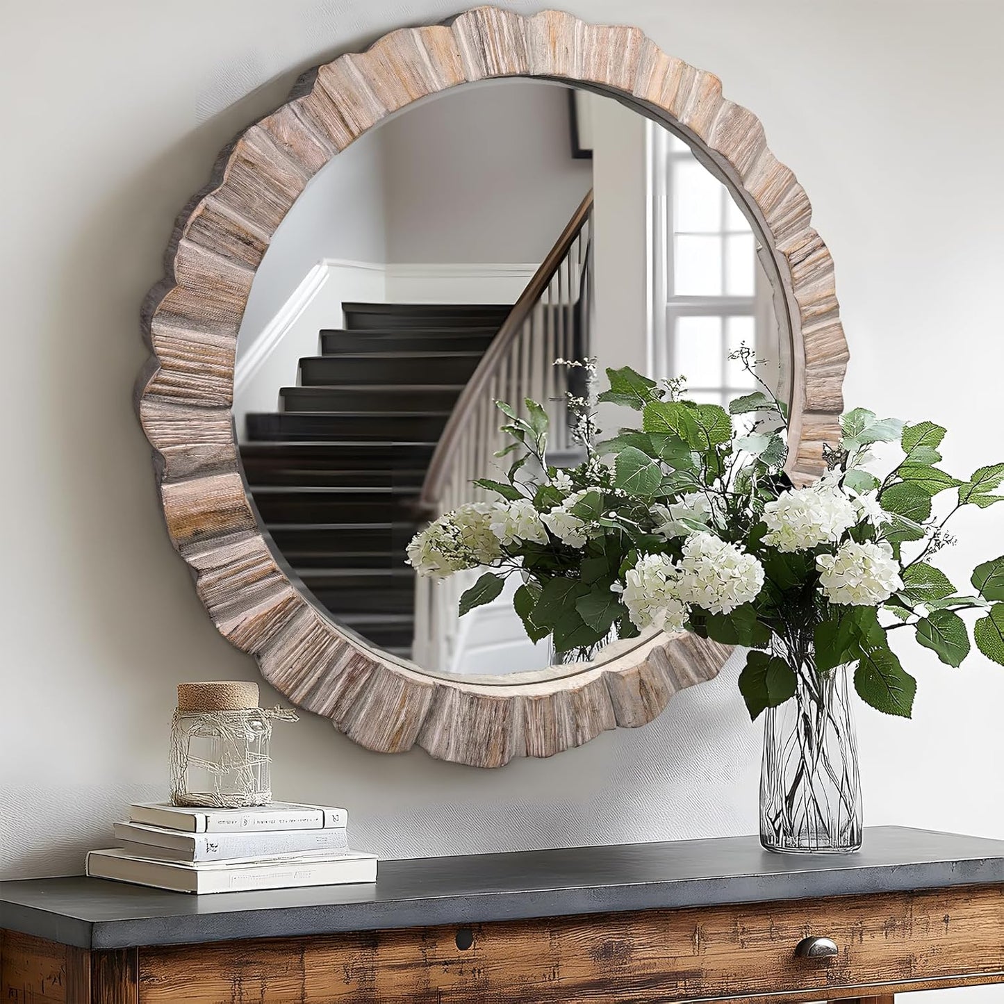 35" Wood Round Mirror, Rustic Wall Mirror with Thick Frame, Large Round Mirrors for Wall Decor, Wooden Circle Beveled Mirrors for Entryway, Farmhouse, Washed White