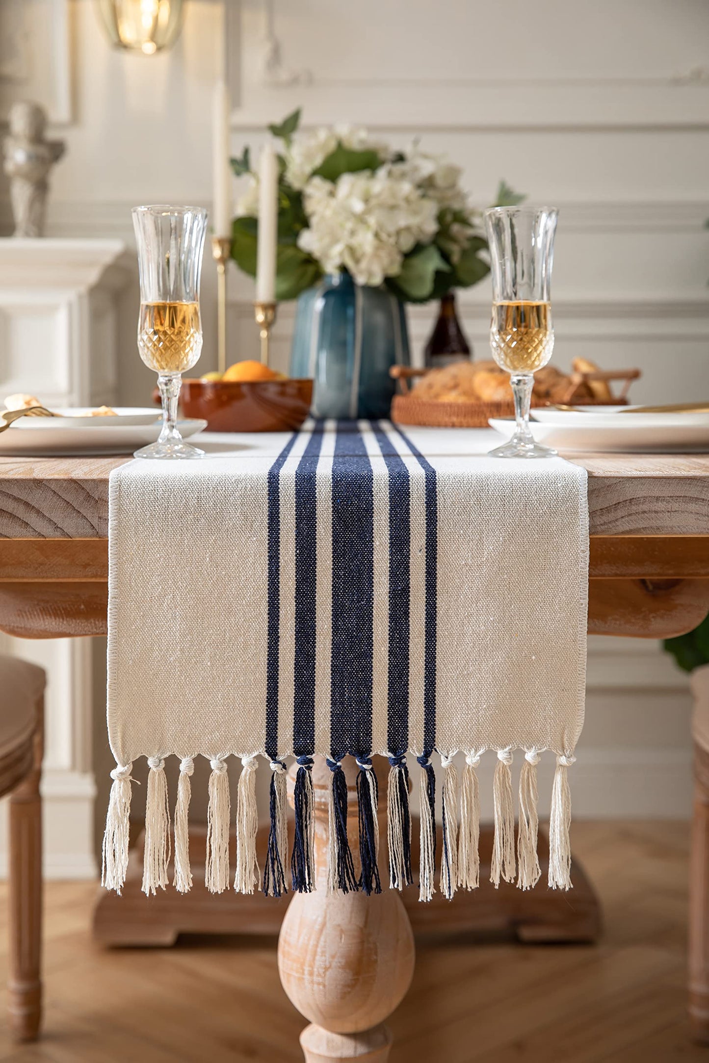 Boho Farmhouse Navy Blue & Beige Table Runner – Handcrafted Tassels, Modern Home Decor for Dining Table – Available in 4 Sizes!