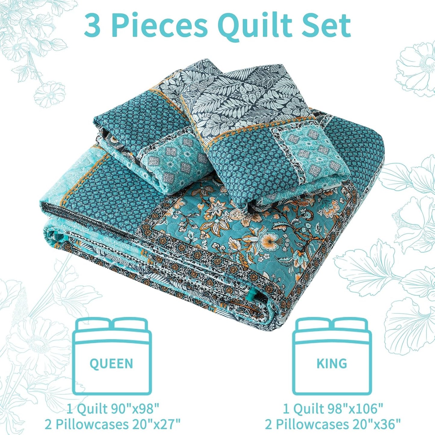 VAPUTAR Oversized King Size Quilt Bedding Set - Cotton California King Size Bedspreads (108 * 118 in) - Lightweight Floral Quilts for Farmhouse Bedroom (Teal/Green Chic, 3 Pieces)