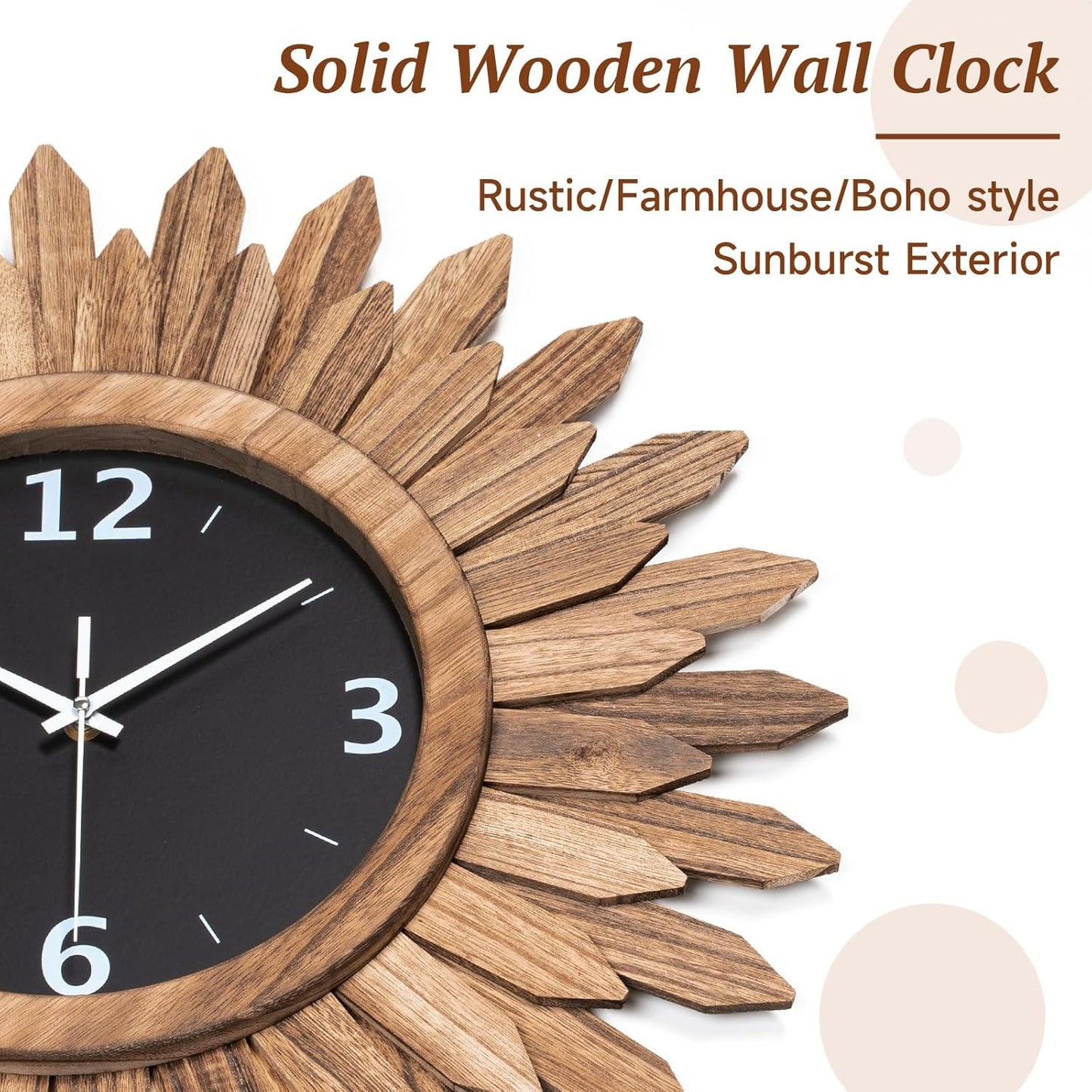 Honiway Large Wall Clock Battery Operated 21 in Rustic Wood Boho Sunburst Decorative Wall Clock Silent Non Ticking Farmhouse Wall Clocks for Living Room Bedroom Kitchen Bathroom Decor (Rustic Brown)