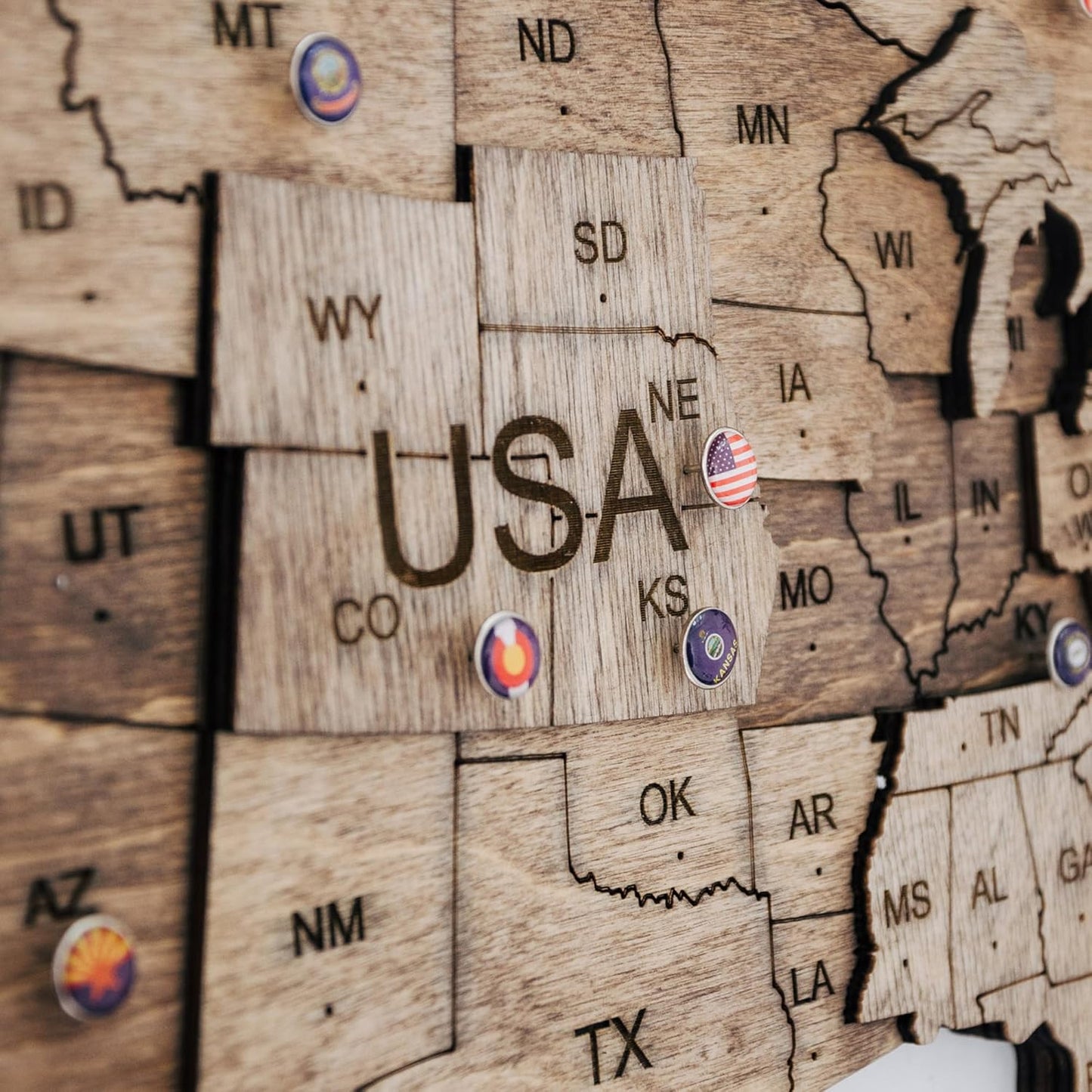 Handmade 3D Wood World Map Wall Art Large Wall Decor Track Your World Travels - Special For Home, Kitchen And Office (Pins, Flags Push Pins)