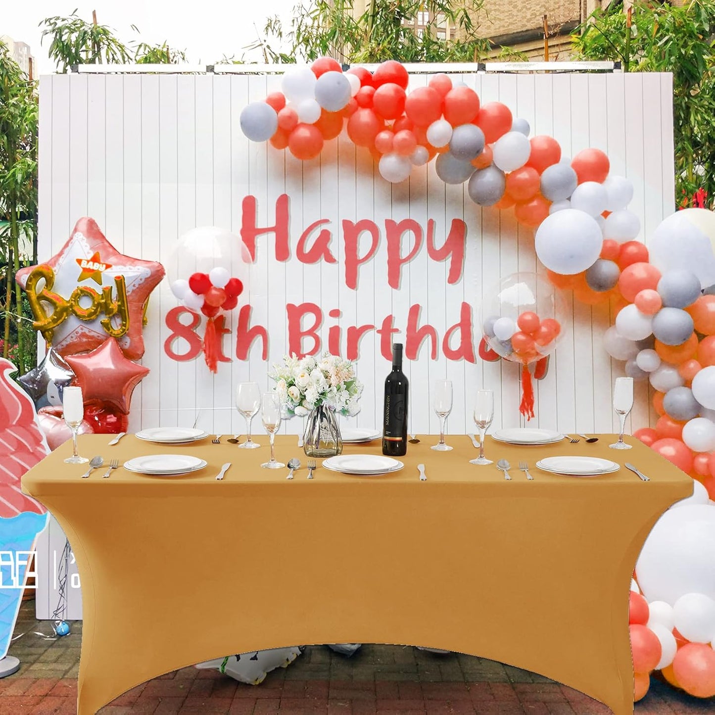 SuperO 2Pack Waterproof Spandex Table Cover for 8FT Table Universal Fitted Stretch Tablecloth for Party, Banquet, Wedding and Events-Gold