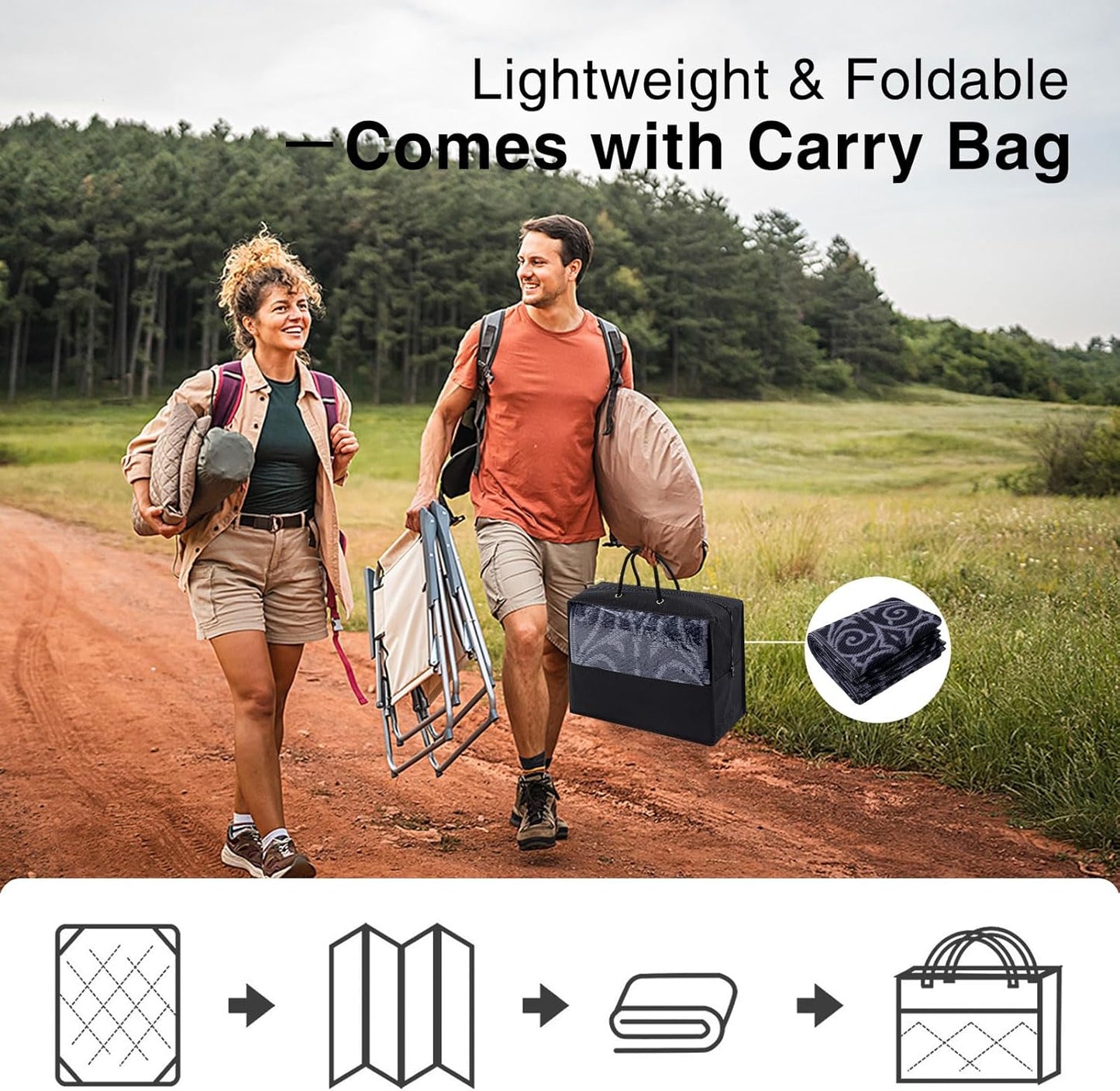 OLANLY Outdoor Rug Waterproof 5x8 ft Clearance, Reversible Outdoor Plastic Straw Rug with Floral Pattern, RV Mat for Patio, Camping, Balcony, Deck, Backyard, Black & Grey