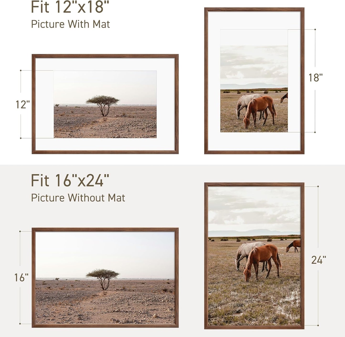 16x24 Poster Frame Set of 4 Natural Solid Walnut Photo Frames with 12x18 Removable Mat Wall Hanging Large Handcrafted Frame with HD Plexiglass Wall and Tabletop Display Large Picture Frame