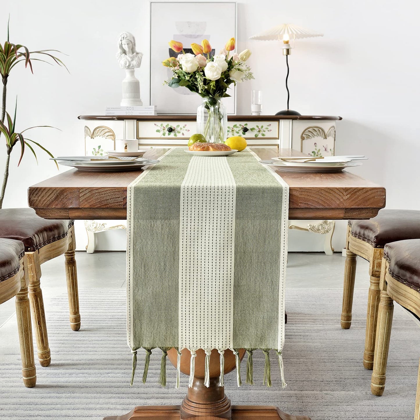 Wracra Farmhouse Macrame Linen Table Runner for Dining, Wedding, & Dresser Decor – Sage Green – Available in 6 Sizes!