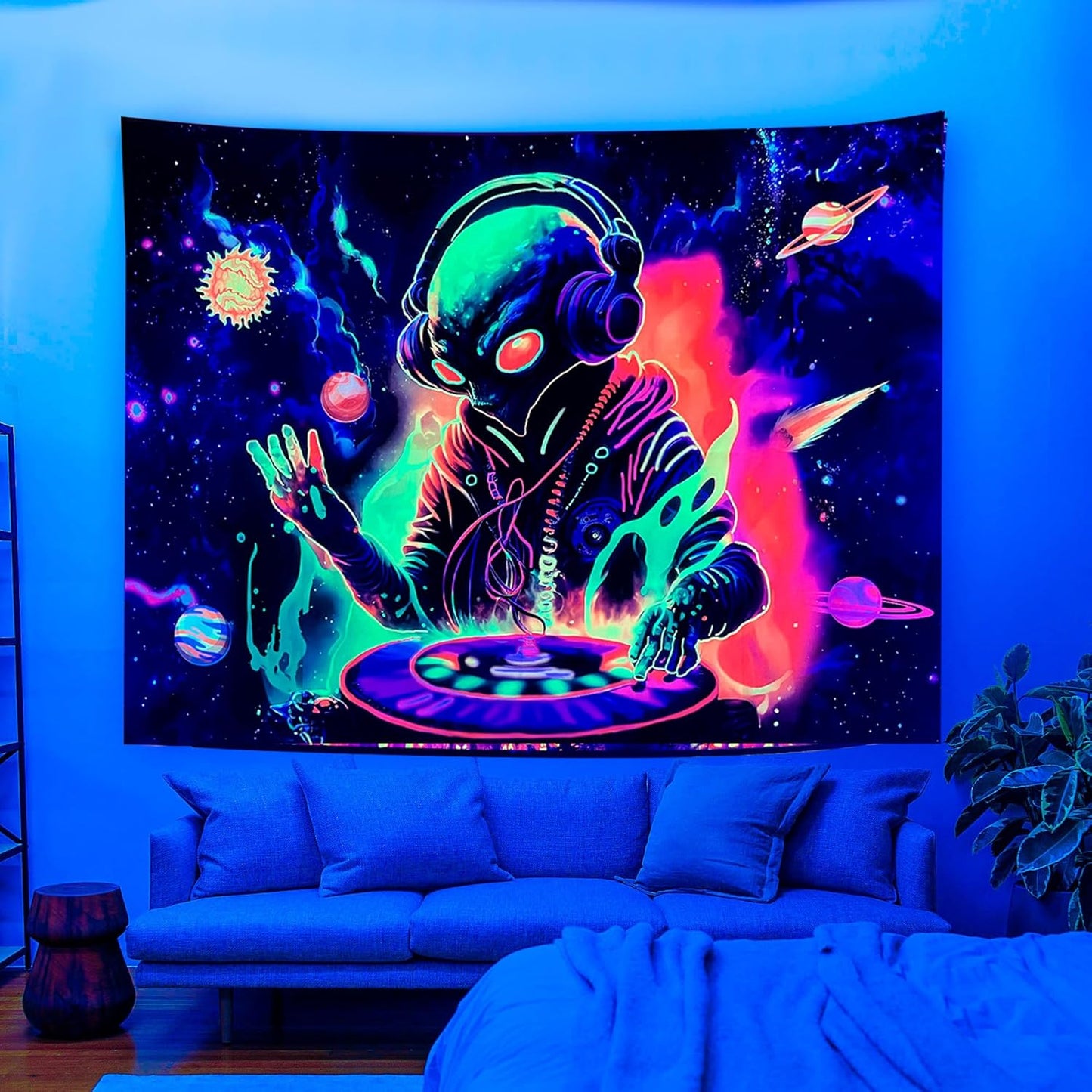 OSVINO Blacklight Alien Tapestry 59"x51" UV Reactive Alien DJing Wall Hanging Art Bedroom Decor Moon and Sun Planets Posters Wall Hanging Hippie Decor