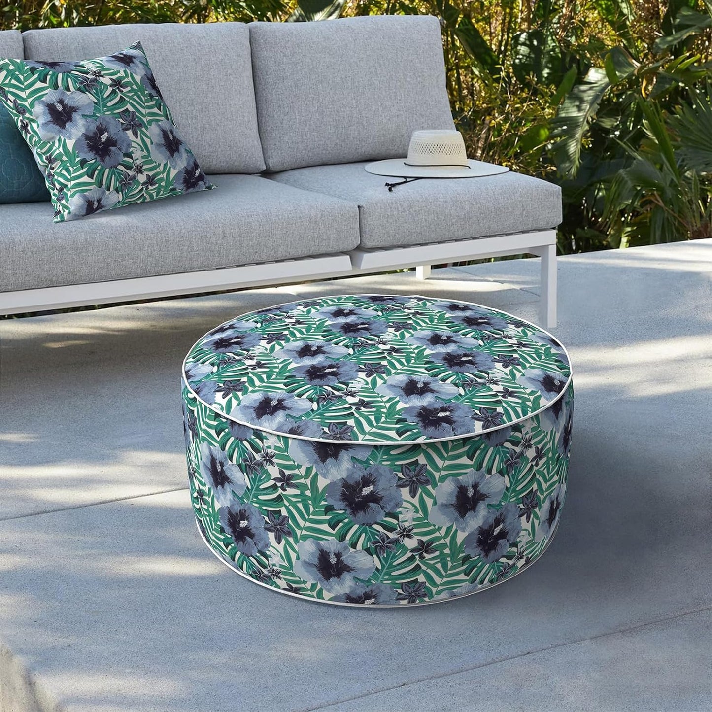 LVTXIII Indoor/Outdoor Inflatable Ottoman, D31 x H14 Inch Large Round Ottoman, All Weather Foot Rest Stool, Portable Footrest for Patio, Garden, Camping and Home - Blue Salmone Tropical