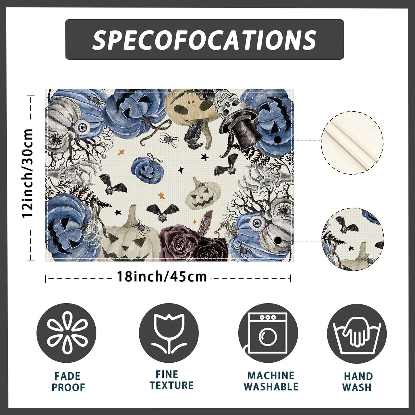 XCHI Spooky Blue Pumpkin Halloween Placemats Set of 6 Table Mats for Party Home Kitchen Dining Table Decorations 12x18 Inch