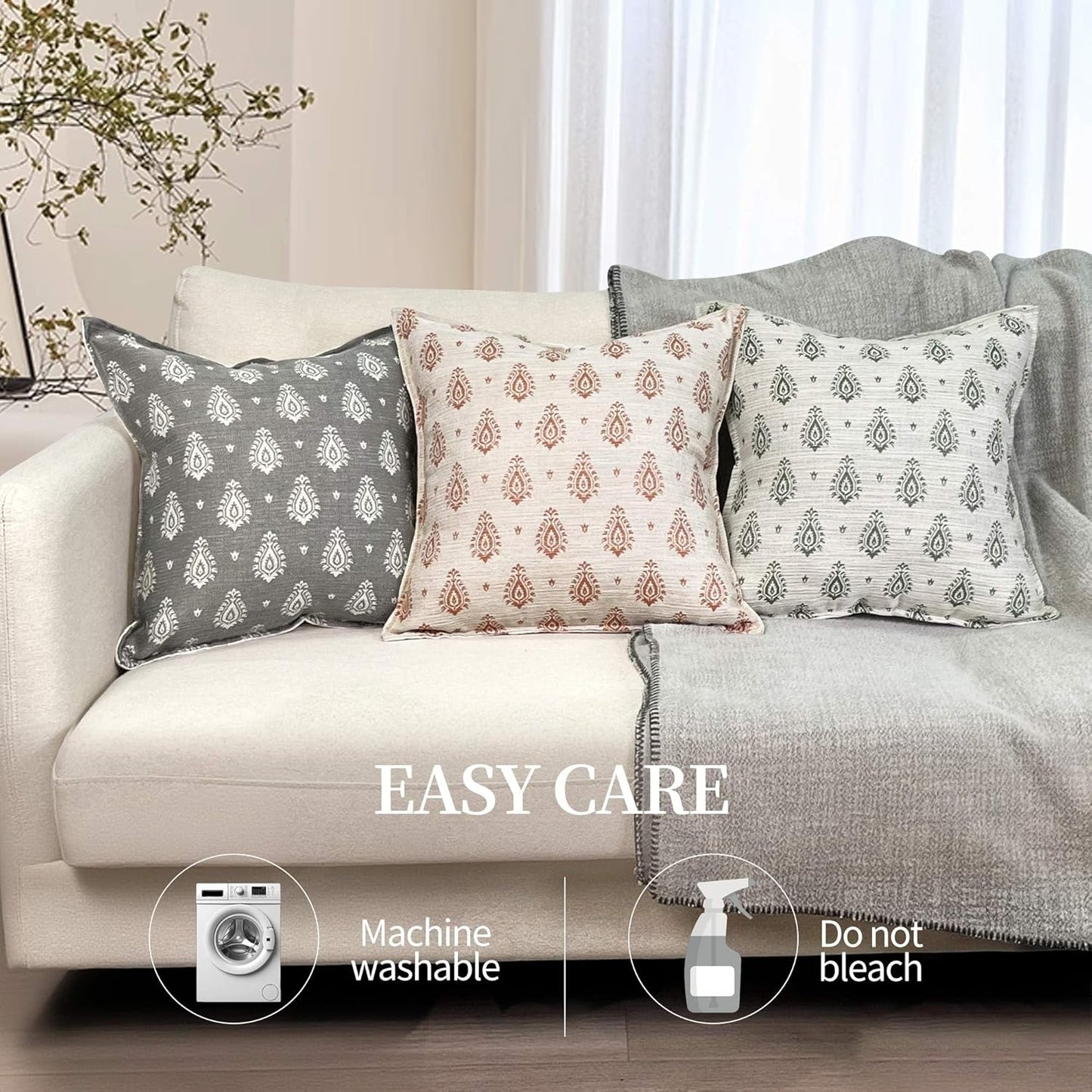 Floral Pillow Covers 18x18 Set of 2 Decorative Throw Pillow Covers Neutral Floral Paisley Farmhouse Pillow Covers for Sofa Couch Bed