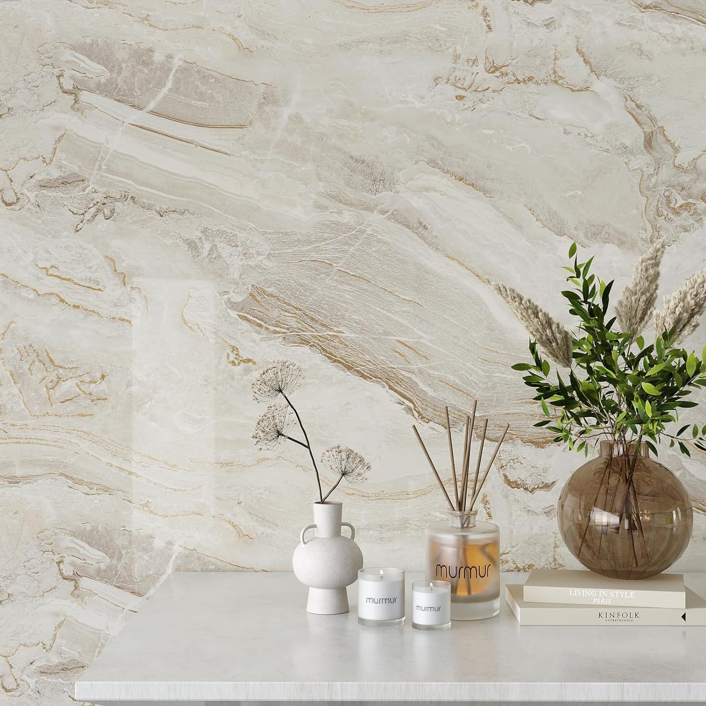 VEELIKE Glossy Beige Gold Liquid Marble Contact Paper for Countertops Waterproof Peel and Stick Countertops for Kitchen Marble Wallpaper 15.7''x354'' Self Adhesive Countertop Vinyl for Bathroom Walls