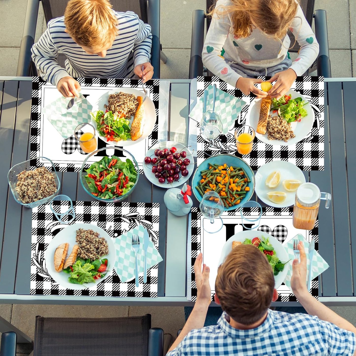 Love Family Placemats Set of 6 Buffalo Plaid Plastic Table Mats Black and White Plaid Place Mats Washable Vinyl Love Home Checkered Table Decoration for Indoor Outdoor Party Kitchen Dining