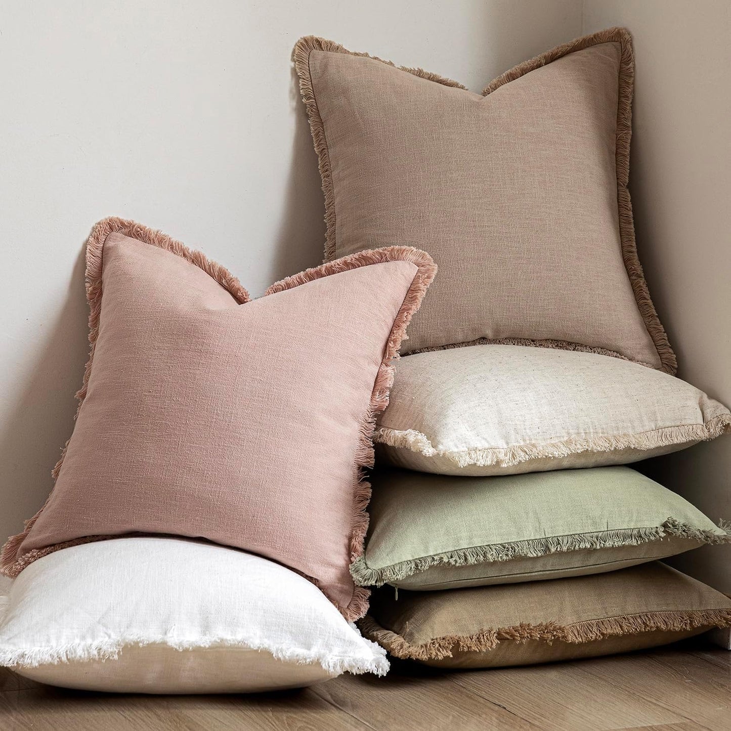 Foindtower Set of 2 Decorative Linen Fringe Lumbar Throw Pillow Covers Boho Farmhouse Cushion Cover with Tassels Soft Accent Pillowcase for Couch Sofa Bed Living Room Home Decor,12×20 Inch,Light Pink