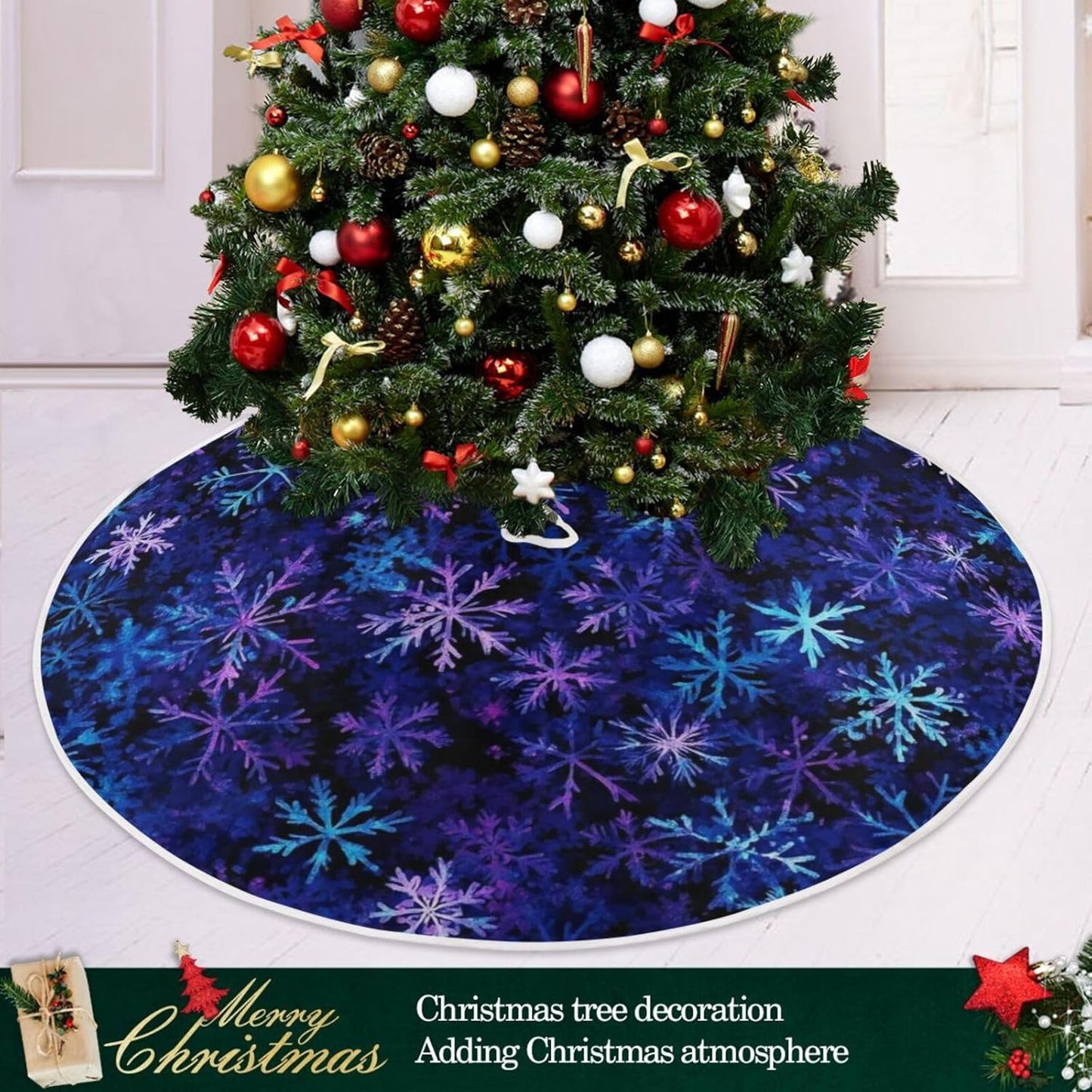 Christmas Blue Purple Snowflake Tree Skirt, Seasonal Tree Mat Holiday Party Supplies Ornaments Indoor Outdoor Decorations for Tabletop Trees 35.4 Inches