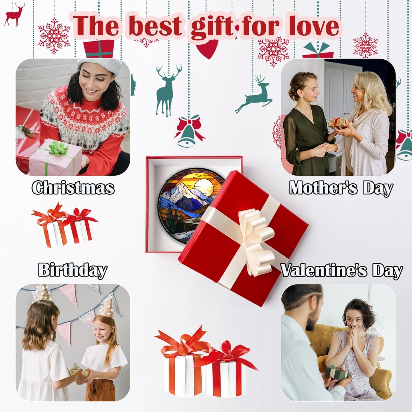 Stained Glass Window Hanging, Yellow Blue Sunset Mountains Scenery Sun Catcher for Window Home Decor Landscape Suncatcher Mother's Day Birthday Gifts for Women Men Mom and Nana 11.8 in