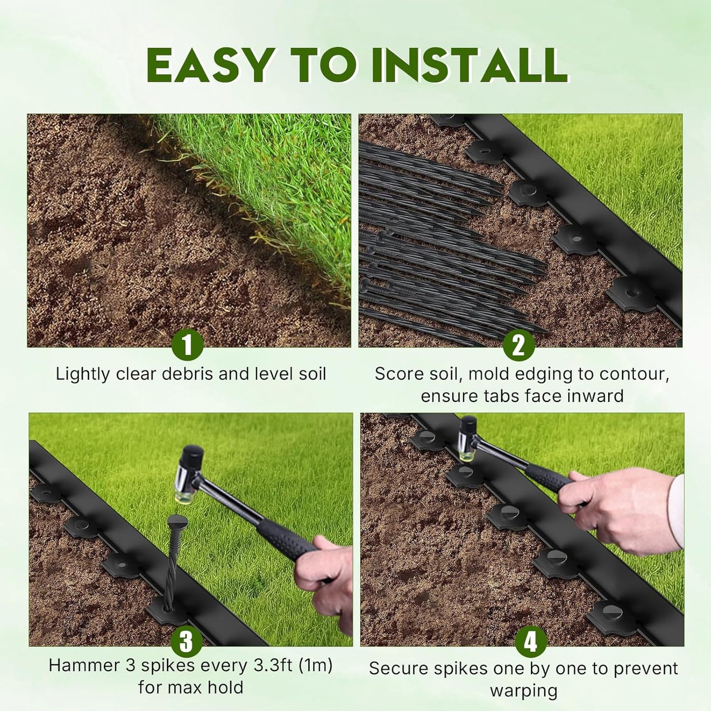 No Dig Landscape Edging 2" x 66FT Kit, Plastic Edging for Landscaping with 200 Spikes, for Garden, Lawn, Flower Beds and Yard, Black