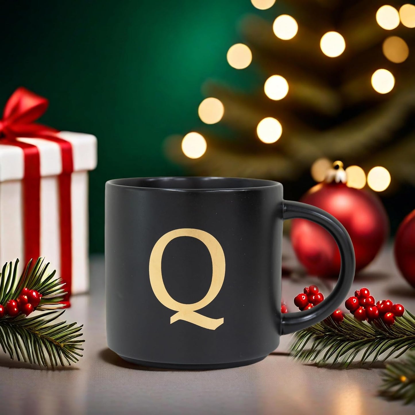 COLLECTIVE HOME - Monogram Ceramic Mugs, 15 oz Golden Initial Black Coffee Cups, Elegant Alphabet Tea Mugs, Elegant Personalized Mug with Gift Box, Unique Mug with Double Side Capital Lette (Q)