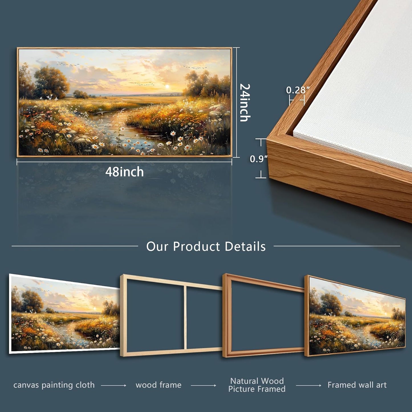 KELIYUAN Large Canvas Wall Art For Living Room Wall Decor For Bedroom Pastoral Landscape Painting Farmhouse Painting Office Restaurant Wall Pictures Artwork Ready To Hang Wood Framed 24"X48"