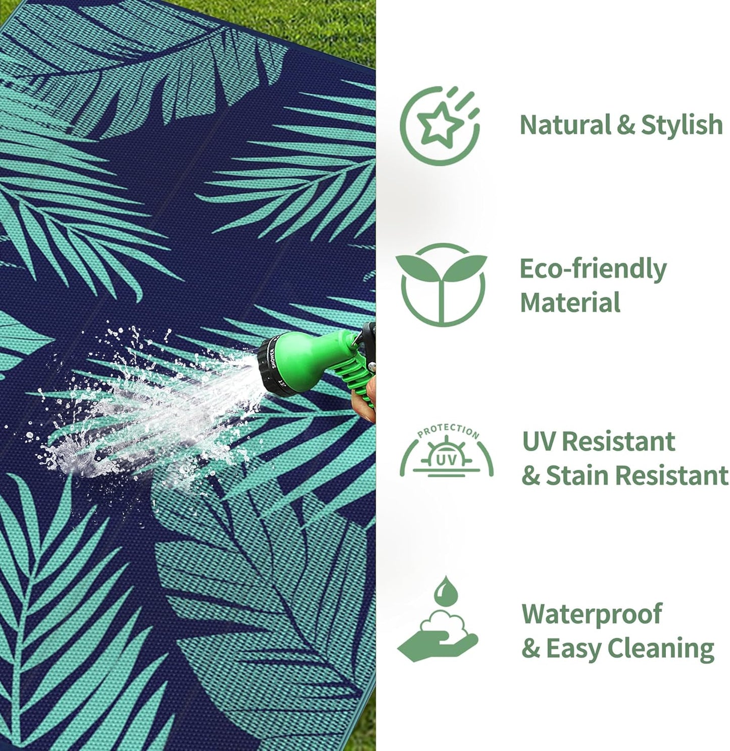 GENIMO Outdoor Rug 8' x 10' Waterproof for Patios Clearance, Reversible Outdoor Plastic Straw Camping Rug Carpet, Large Area Rugs Mats for RV, Camper, Deck, Balcony, Porch, Beach, Navy Blue&Jade Green