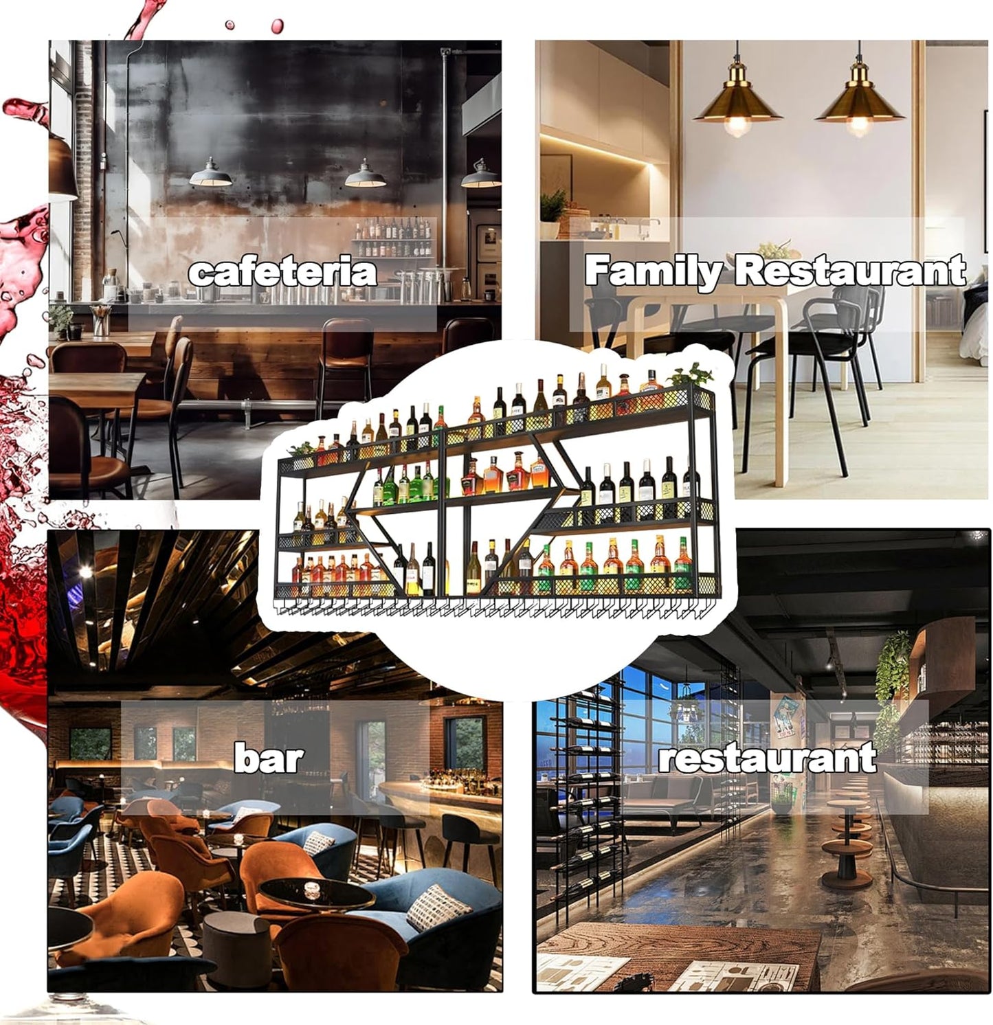 Wall Mounted Wine Rack with Glass Holder, 3-Tier Metal Storage Shelf, Black Diamond Design, Wine Bottle Display with Stemware Storage (Black, 31.49in/Right)