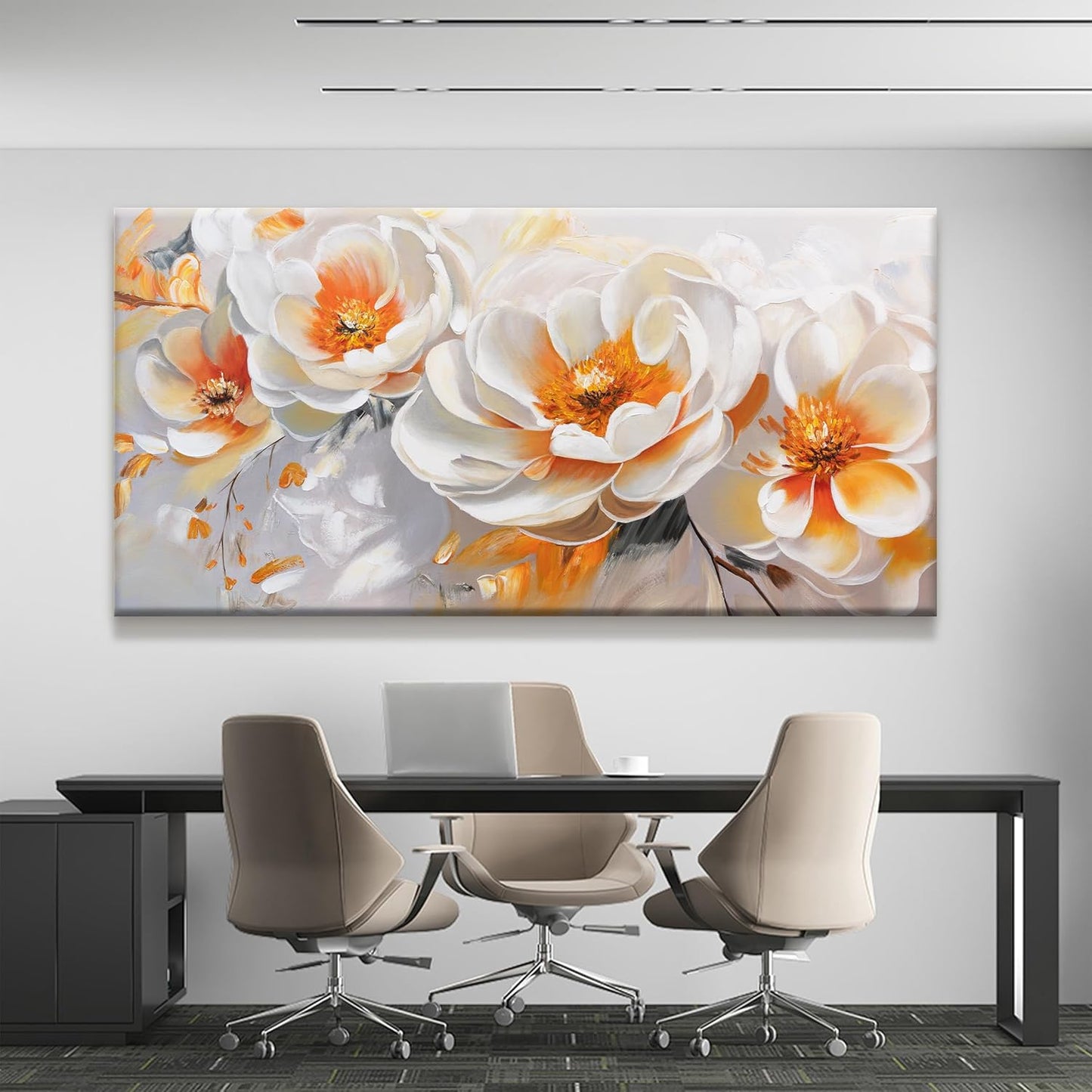 Suconvng Large Wall Art For Living Room Floral Wall Artwork Modern Canvas Art Wall Decor 29" X 58" Painting Orange White Flower Wall Art For Bedroom Home Office Dining Room Home Decoration