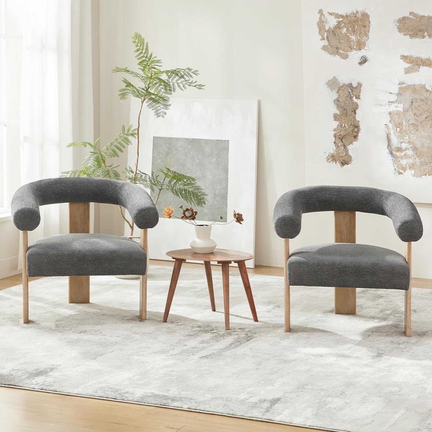 VKNOW Accent Chair Living Room Chair, Modern Upholstered Armchair with Solid Wood Legs, Comfy Barrel Arm Chairs for Living Room Bedroom, Dark Grey